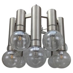 Lampadario Midcentury di grandi dimensioni in acciaio spazzolato con 12 luci rotonde a forma di macchia
