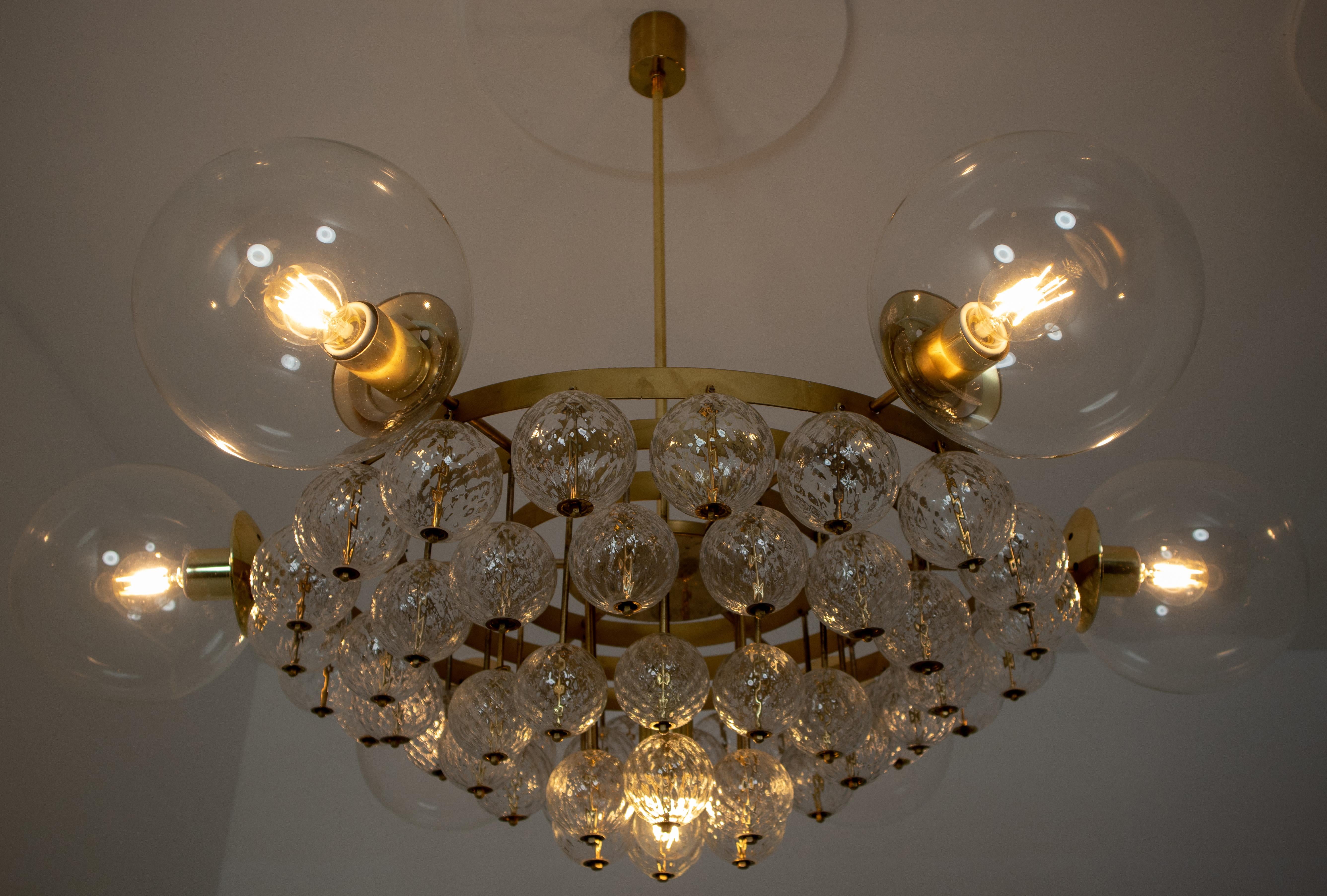 Large Mid-Century Chandelier with Brass Fixture and Structured Glass Globes 6