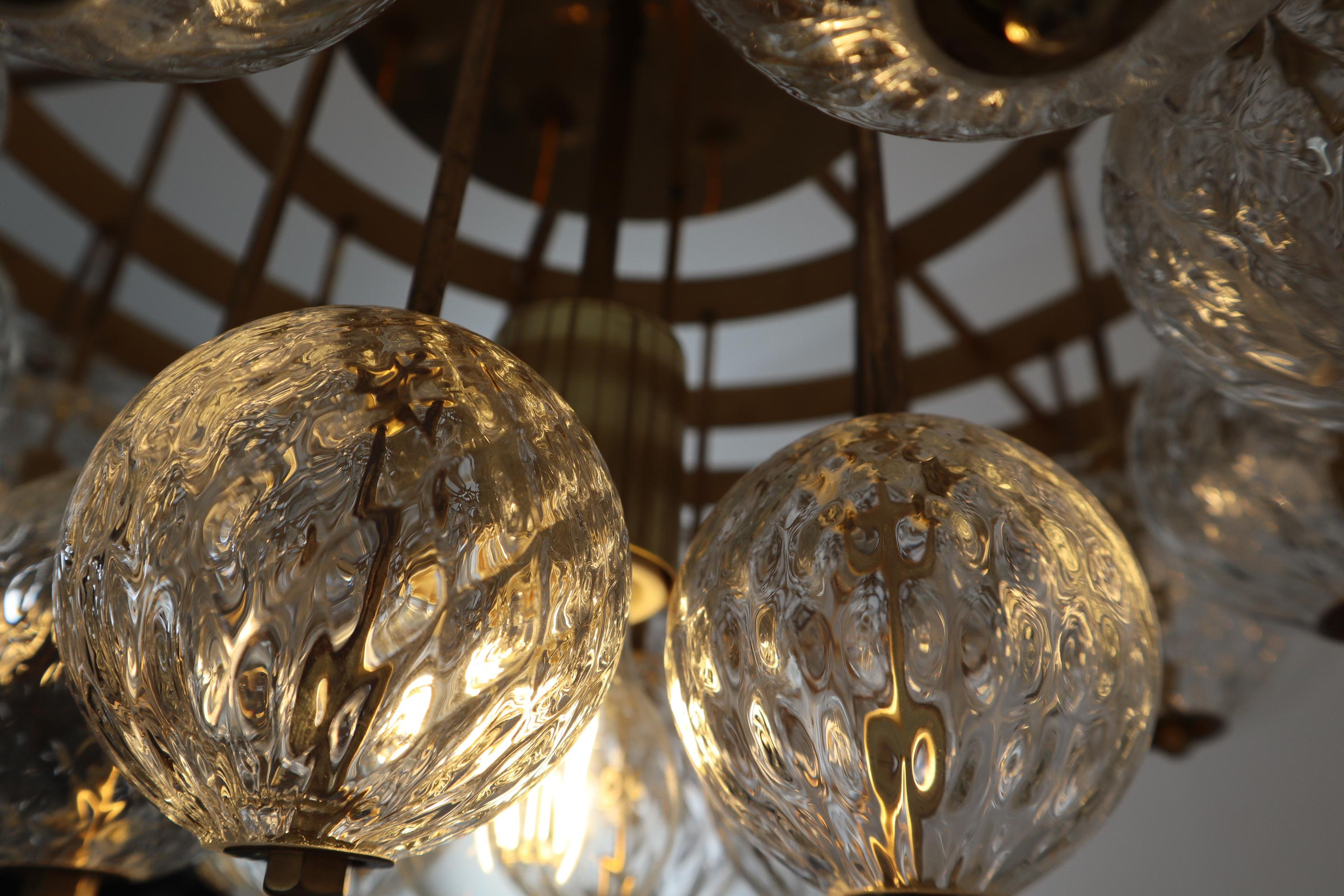 20th Century Large Mid-Century Chandelier with Brass Fixture and Structured Glass Globes