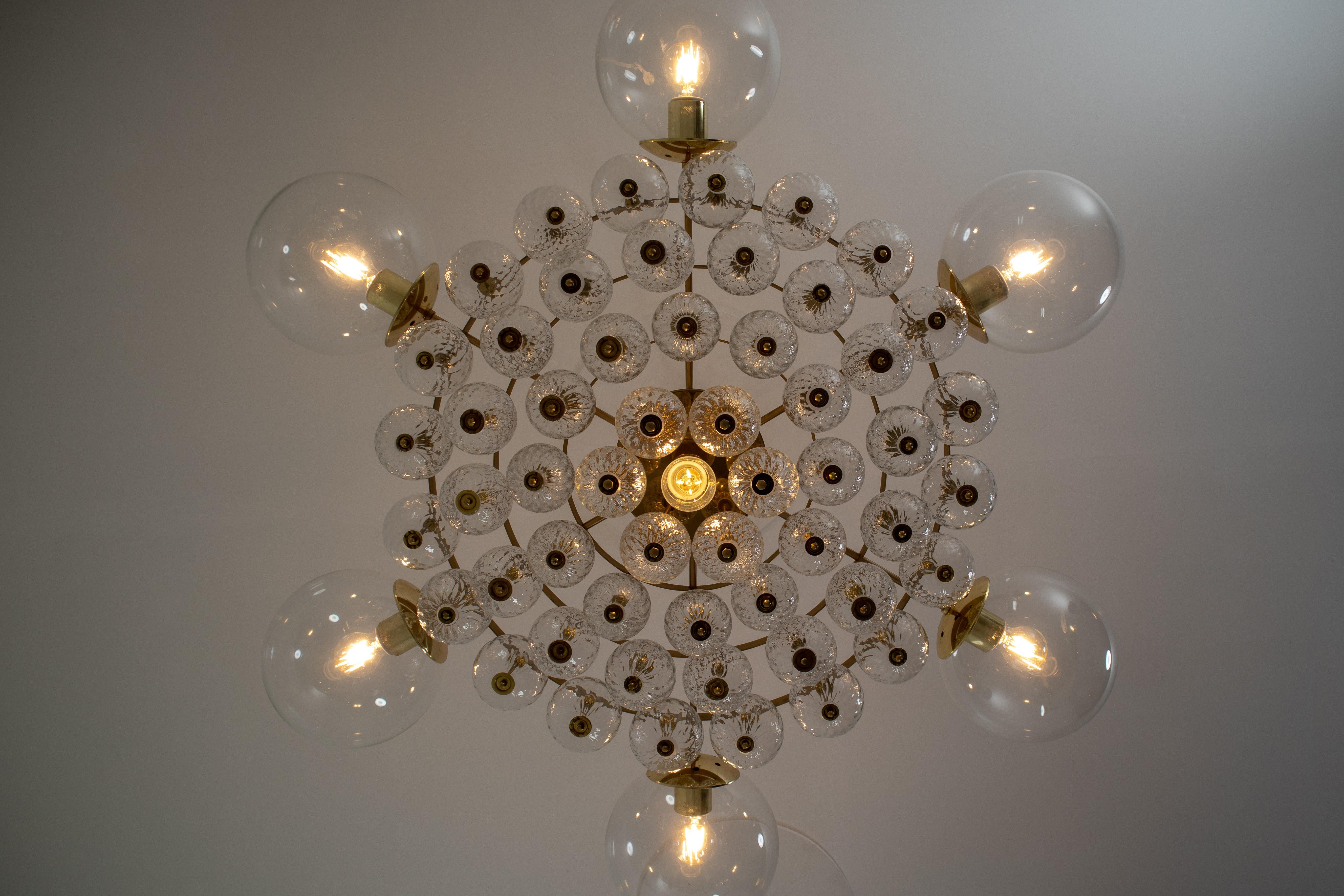Large Mid-Century Chandelier with Brass Fixture and Structured Glass Globes 2