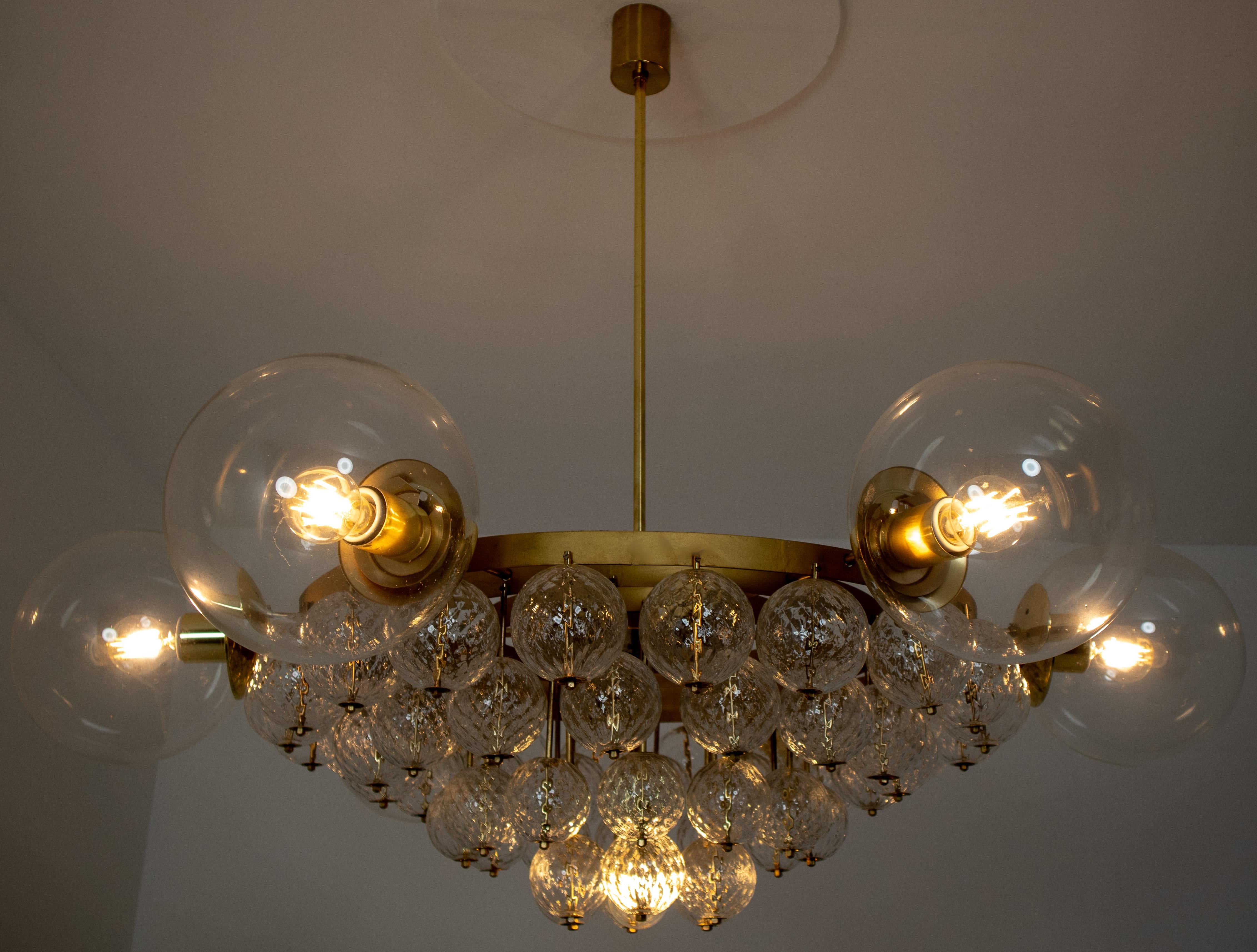 Large Mid-Century Chandelier with Brass Fixture and Structured Glass Globes 3