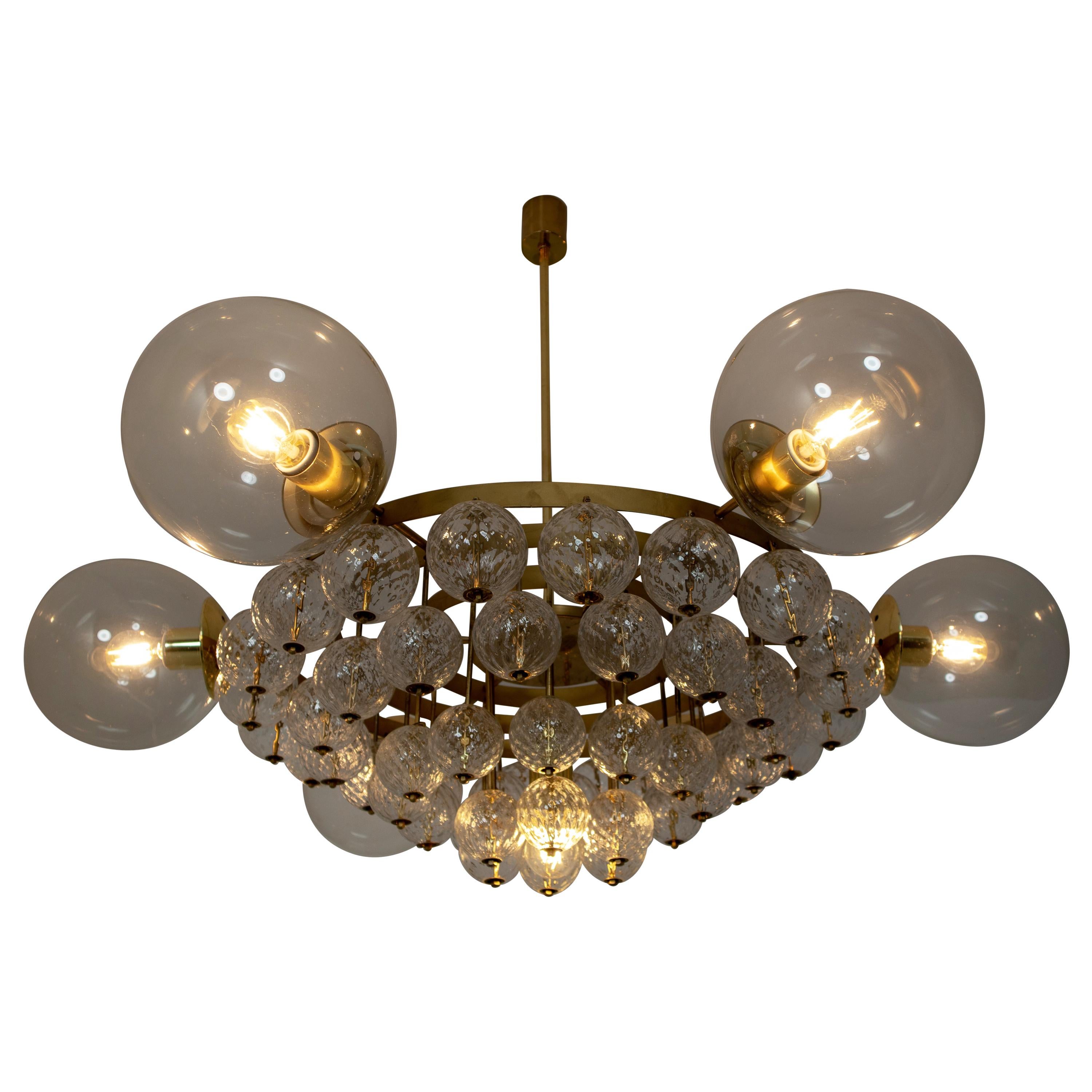 Large Mid-Century Chandelier with Brass Fixture and Structured Glass Globes