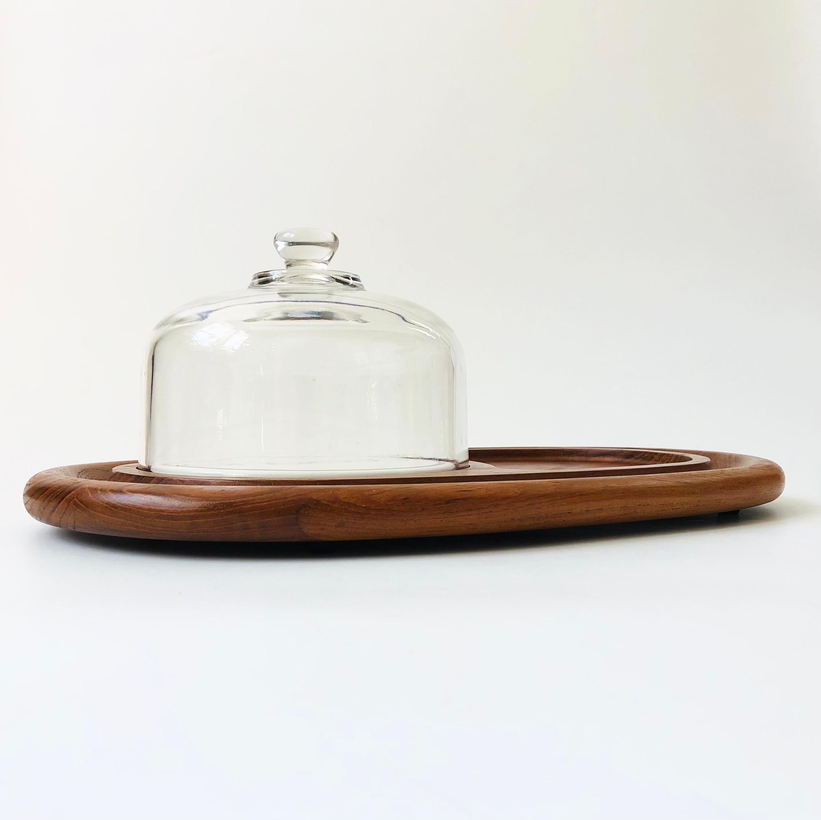 Metal Large Mid Century Cheese Cloche on Teak Tray For Sale