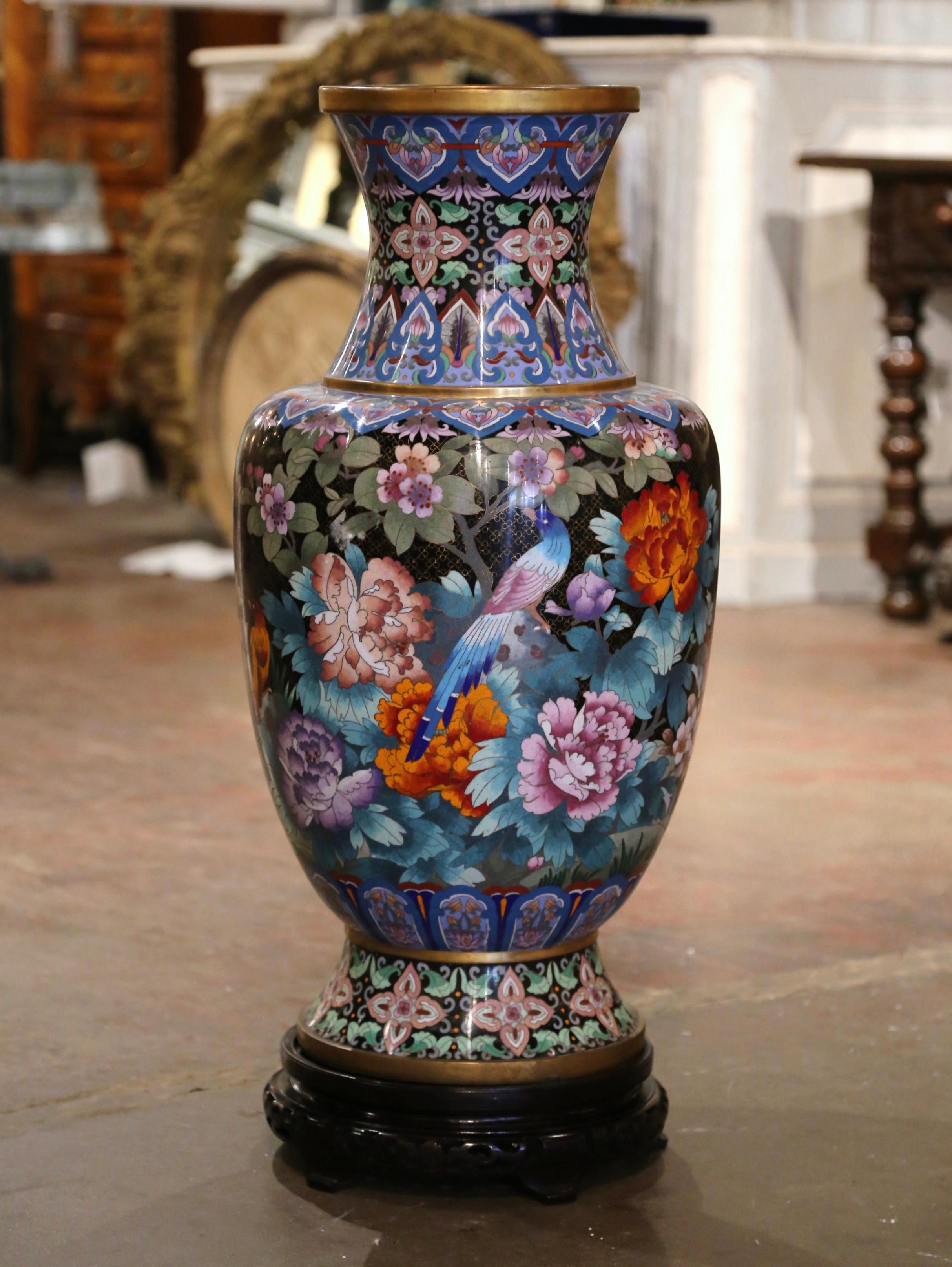 Large Mid-Century Chinese Champlevé Enamel Vase with Bird Decor on Wooden Stand 2