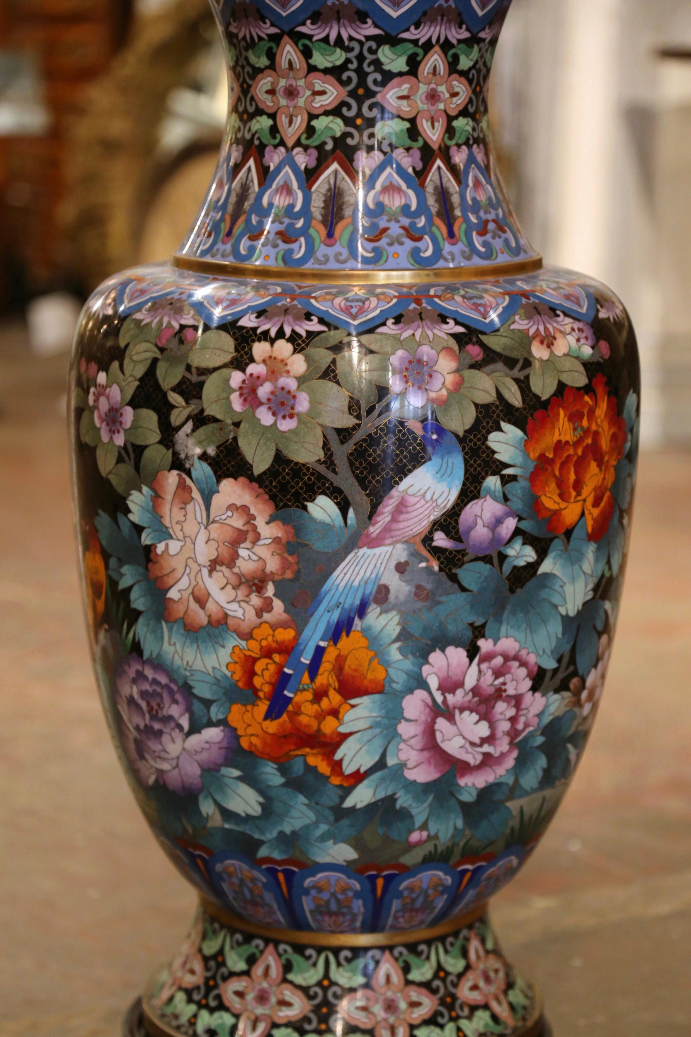 Large Mid-Century Chinese Champlevé Enamel Vase with Bird Decor on Wooden Stand 3