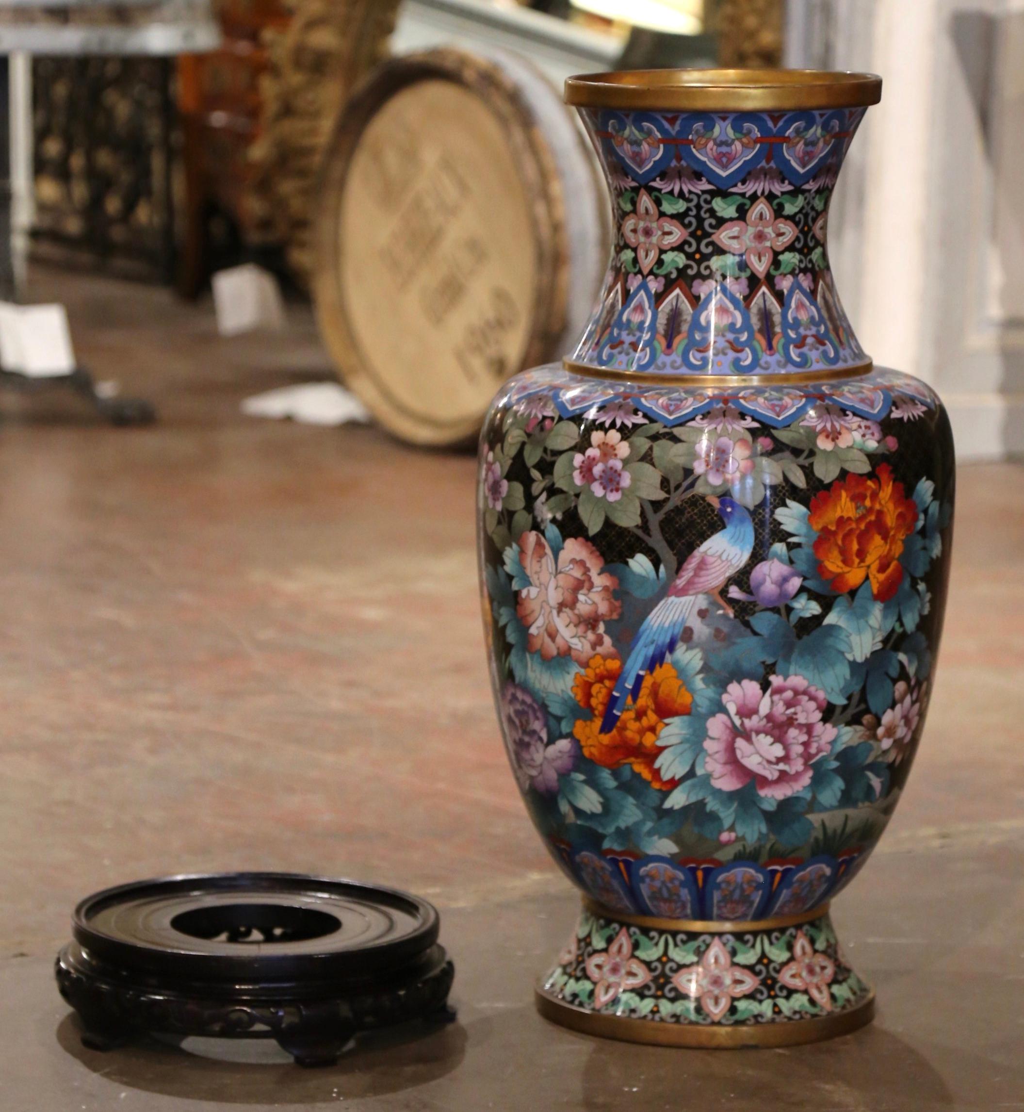 Large Mid-Century Chinese Champlevé Enamel Vase with Bird Decor on Wooden Stand 4