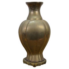Large Mid Century Chinese Chinoiserie Brass Greek Key Mantel Vase Urn 16"