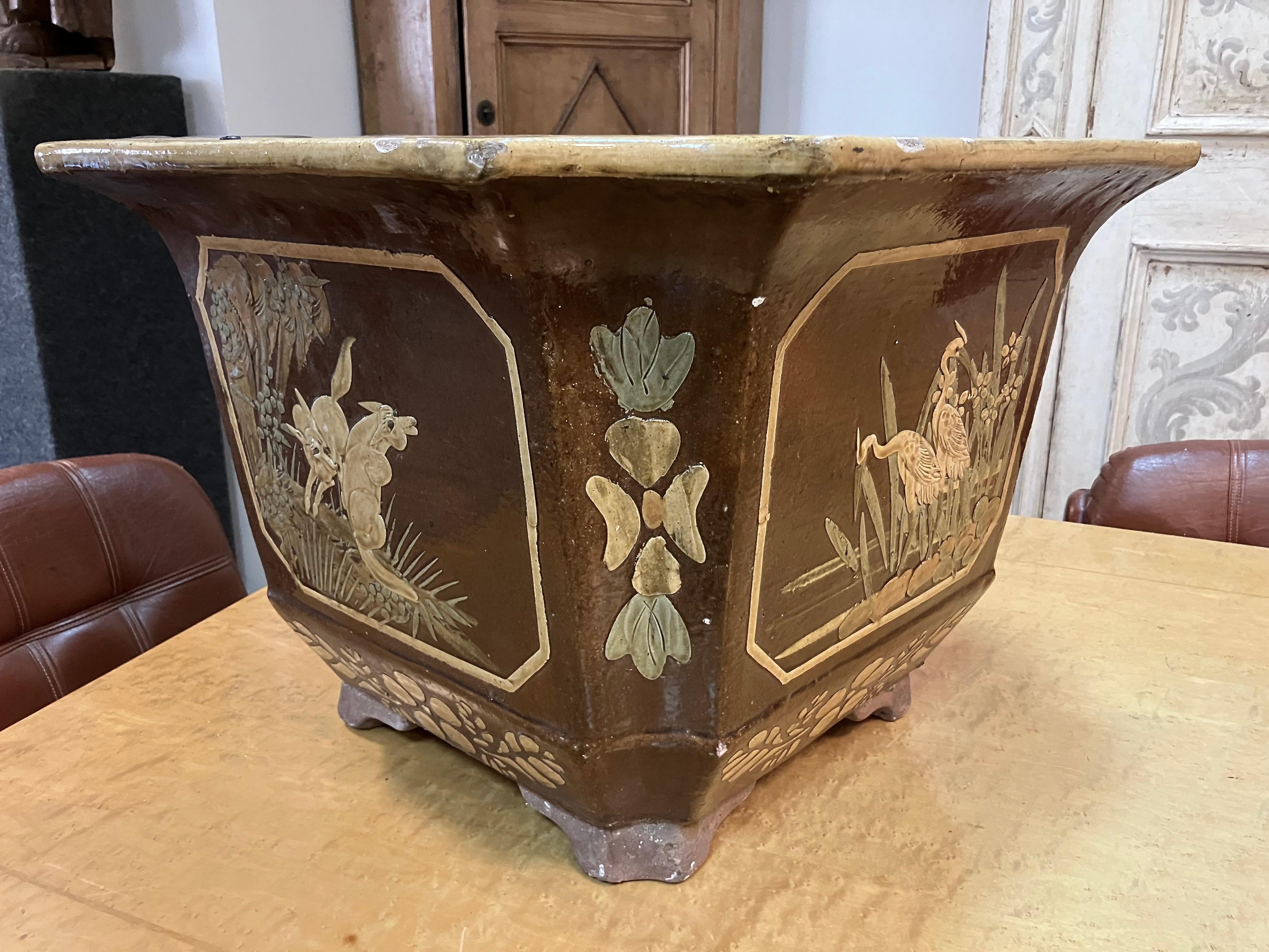 Large Mid-Century Chinoiserie Glazed Terracotta Planters or Cachepot For Sale 5