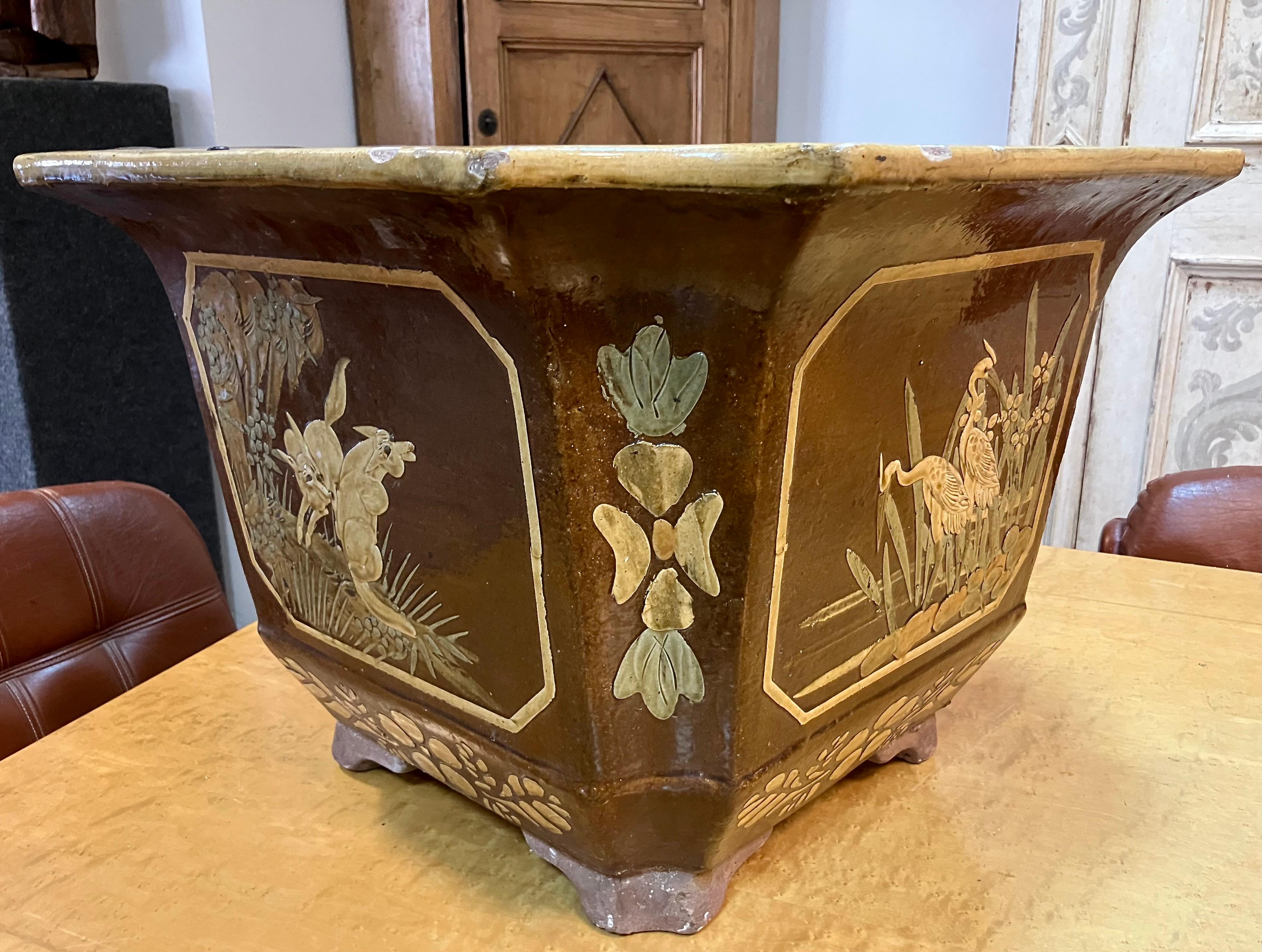 Large Mid-Century Chinoiserie Glazed Terracotta Planters or Cachepot For Sale 6