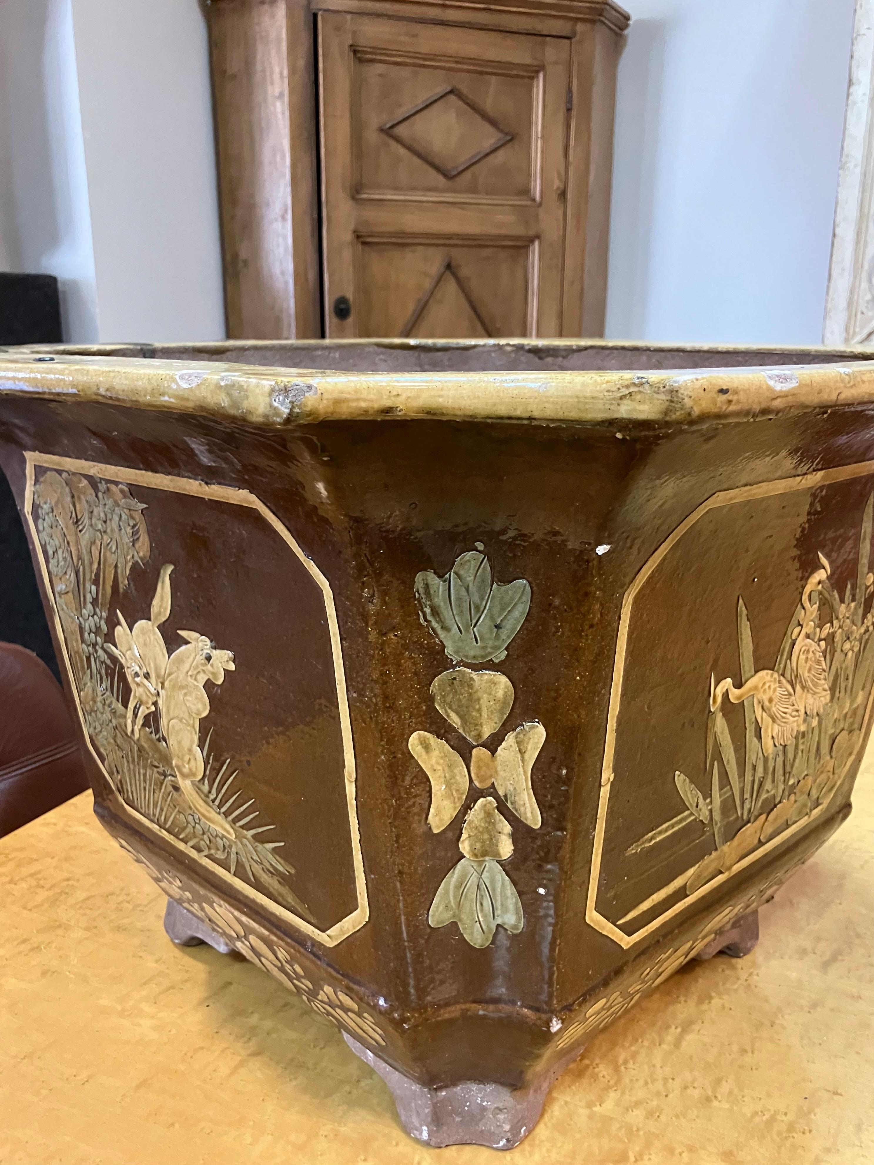 Large Mid-Century Chinoiserie Glazed Terracotta Planters or Cachepot For Sale 8