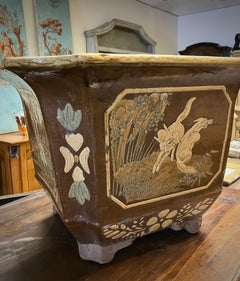 Large Mid-Century Chinoiserie Glazed Terracotta Planters or Cachepot