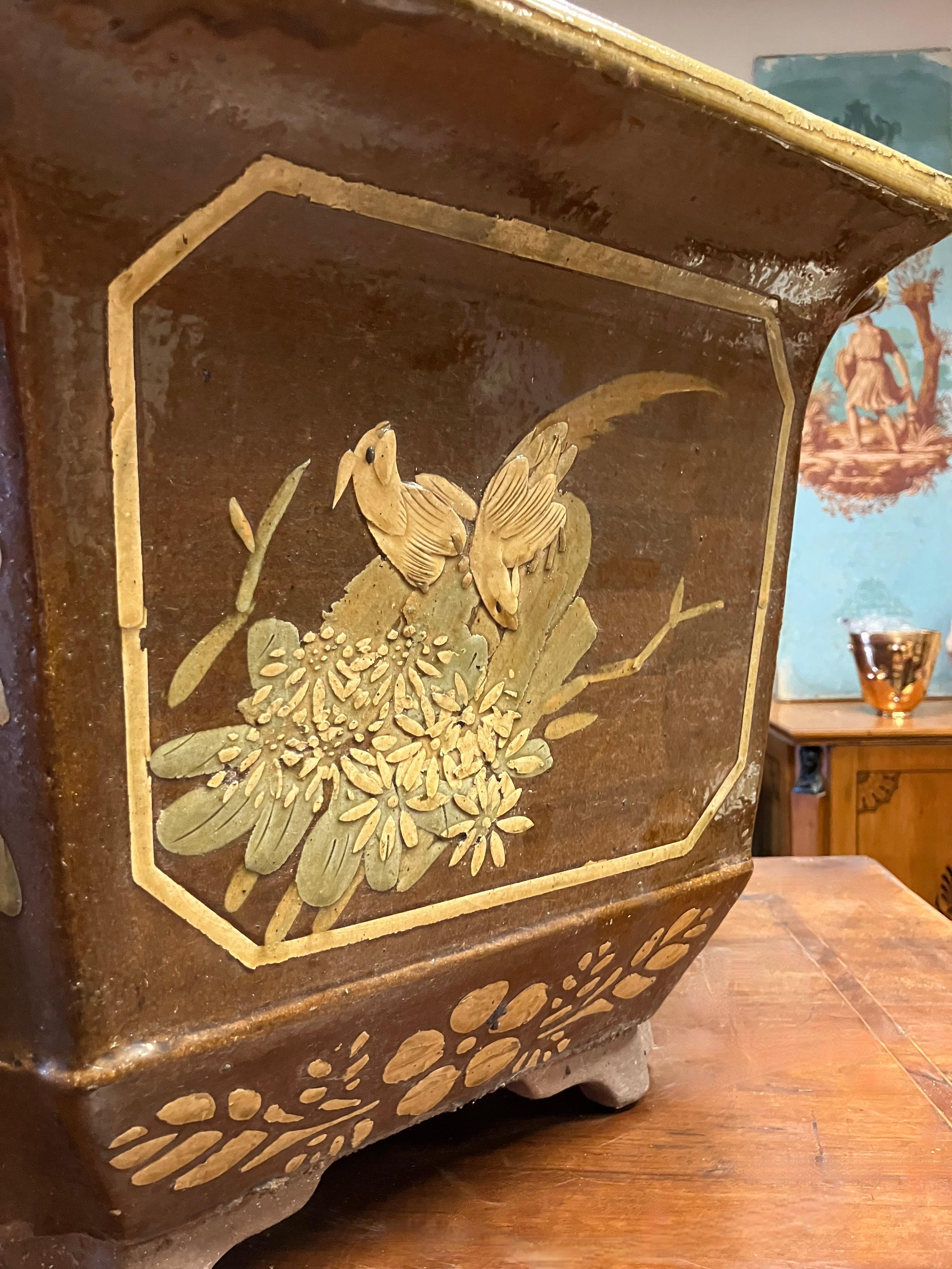 Chinese Large Mid-Century Chinoiserie Glazed Terracotta Planters or Cachepot For Sale