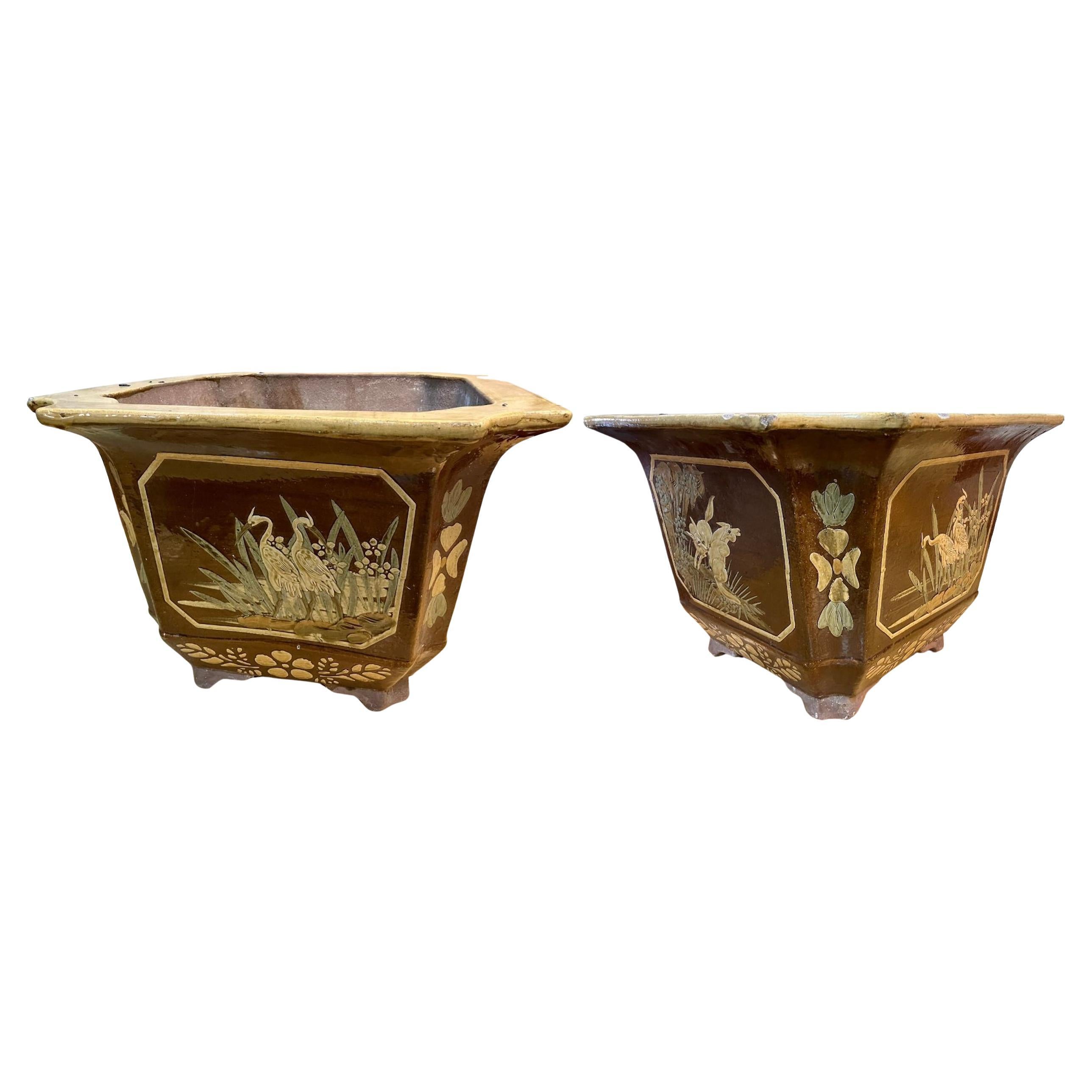 Large Mid-Century Chinoiserie Glazed Terracotta Planters or Cachepot For Sale