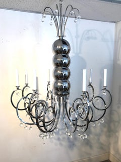 Large Midcentury Chrome and Crystal Eight Light Chandelier