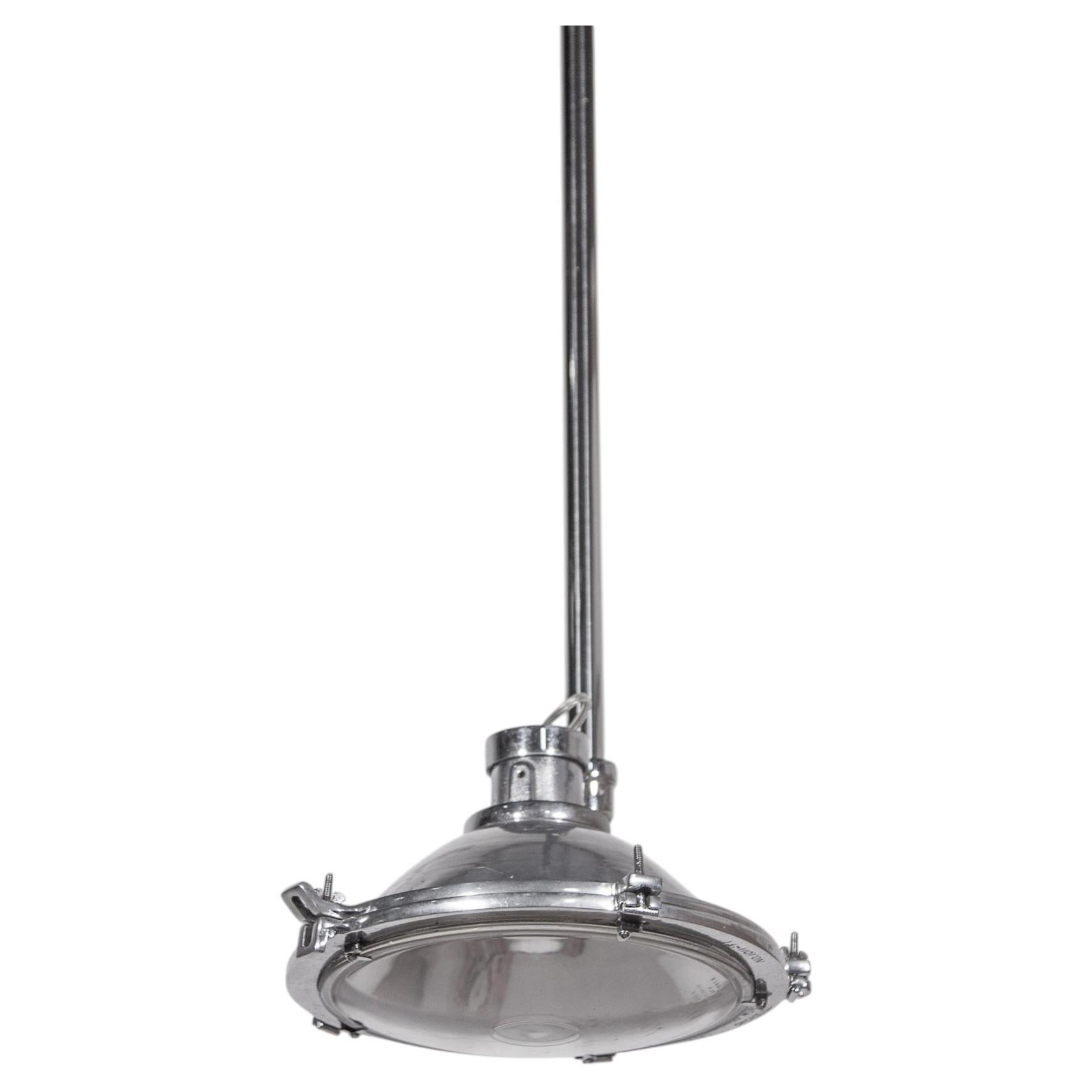 Large Mid-Century Chrome Industrial and Nautical Pendant Lights Set of Two For Sale