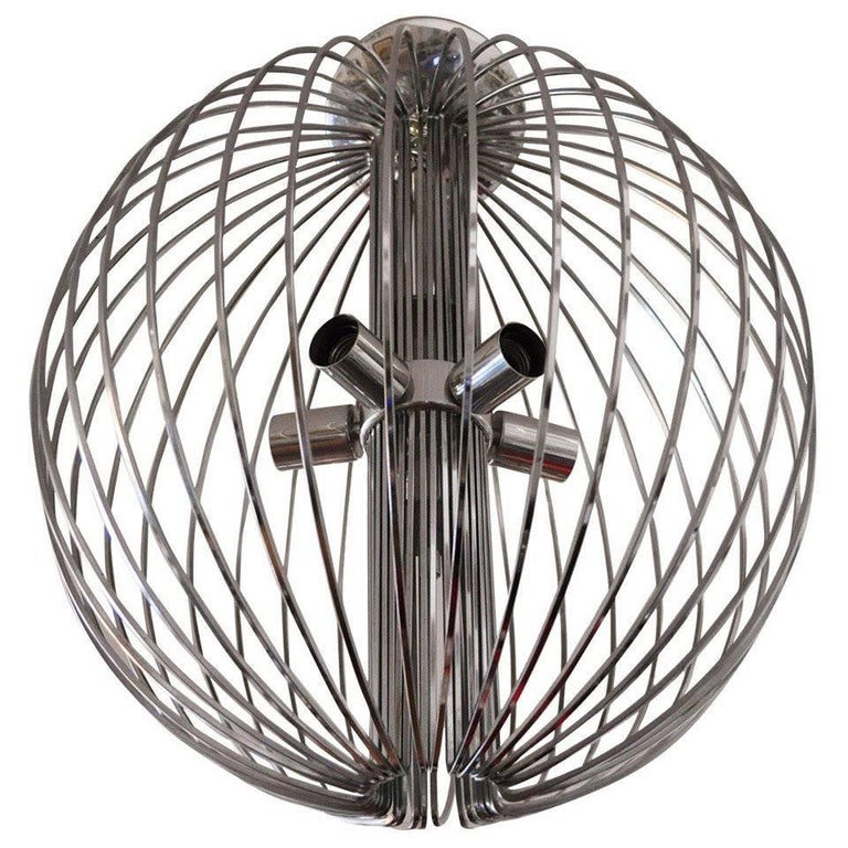Large Midcentury Chromed Metal Spherical Cage Chandelier by Sciolari For Sale