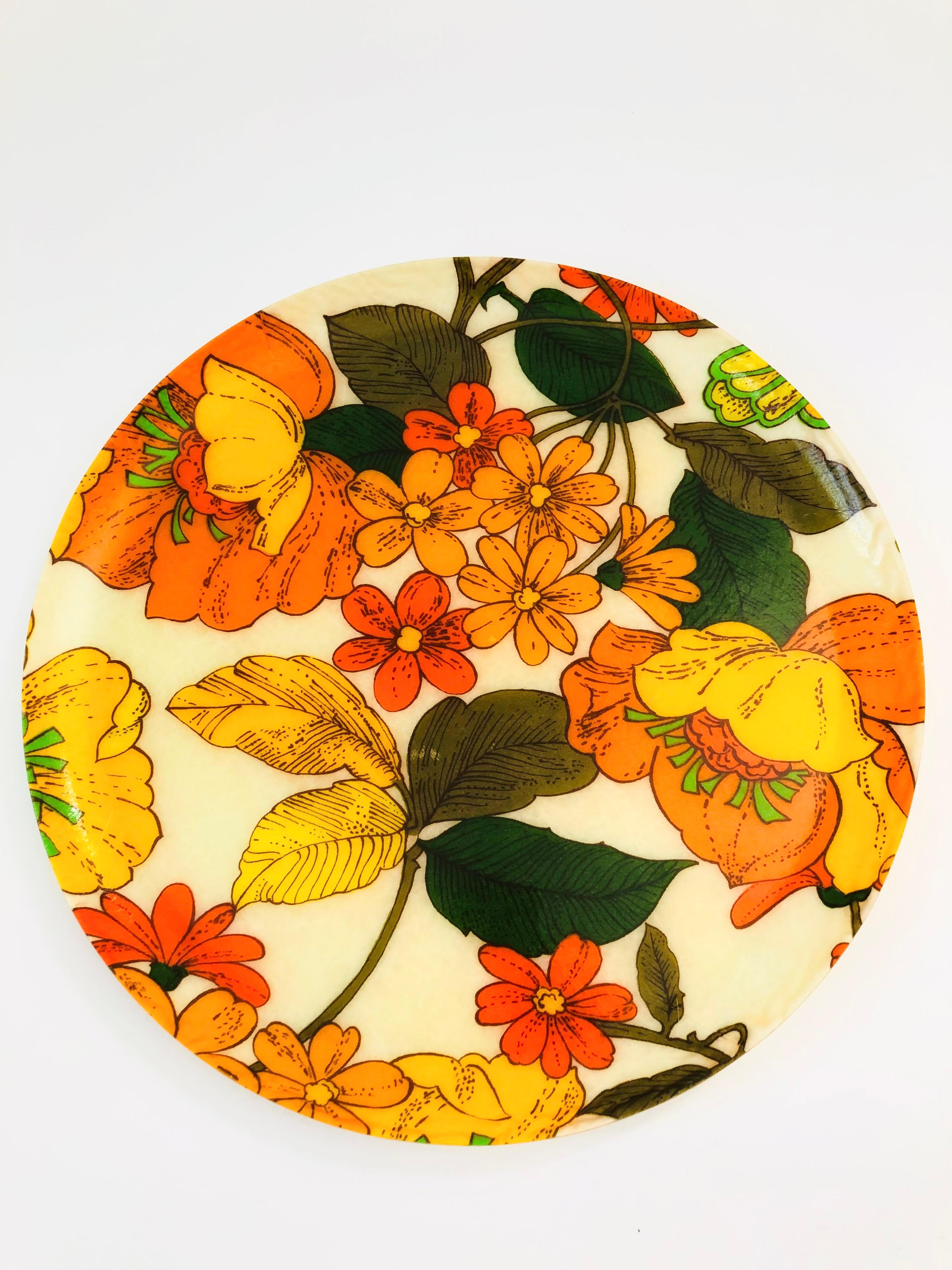 Mid-Century Modern Large Mid Century Circular Floral Fiberglass Tray