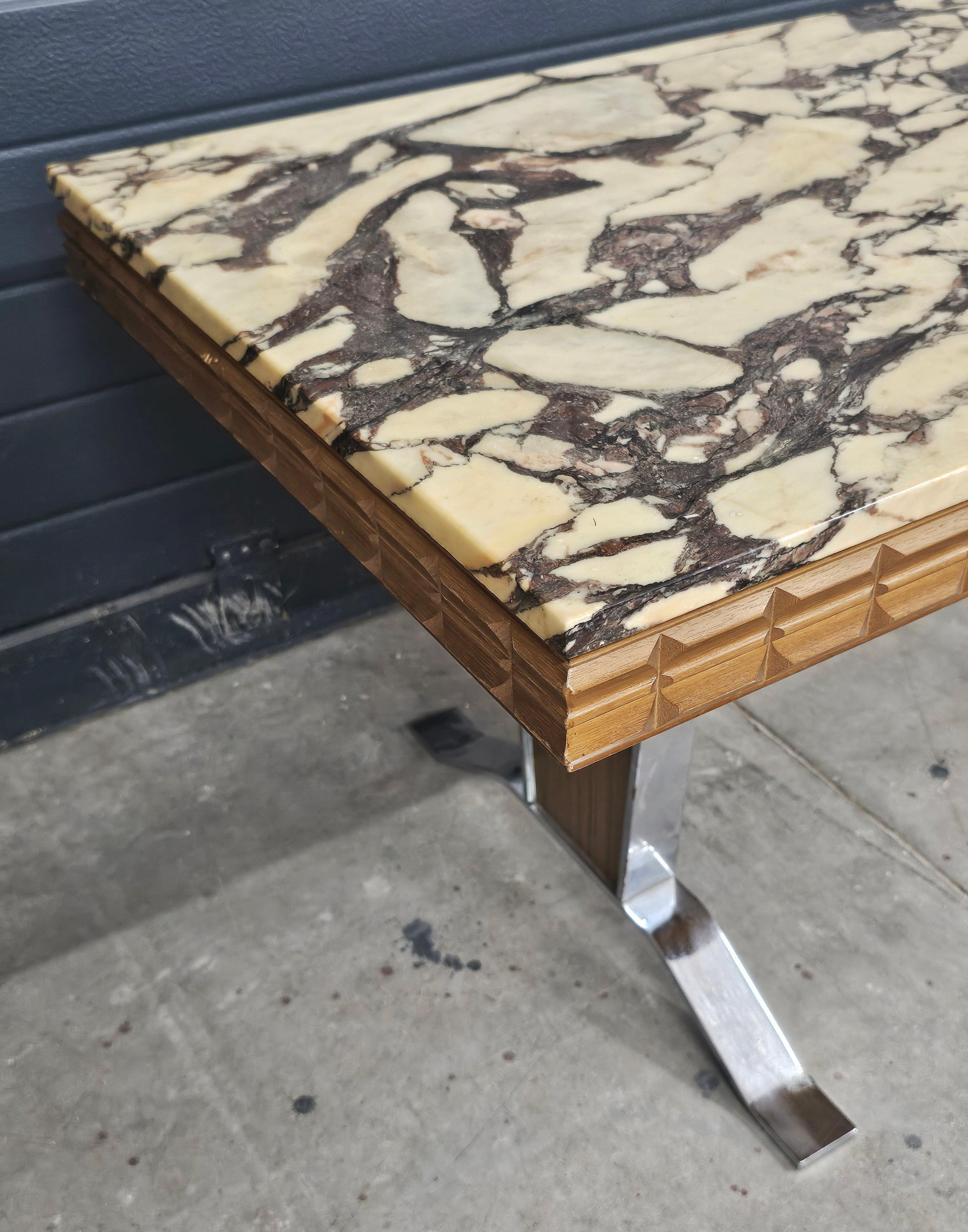 Large Mid Century Coffee Table done in Chrome and Teak with Calacatta Viola For Sale 4