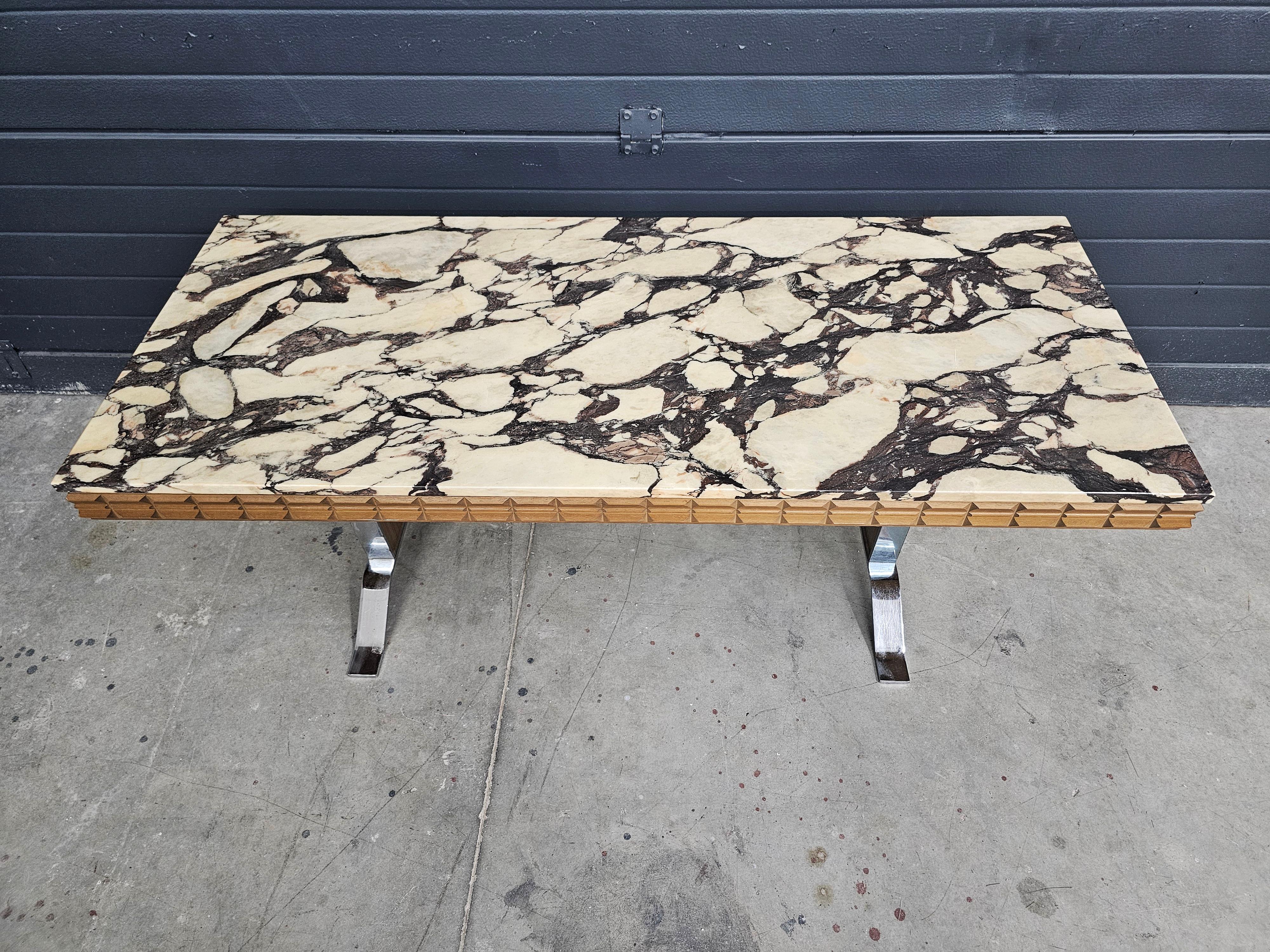 Large Mid Century Coffee Table done in Chrome and Teak with Calacatta Viola For Sale 5
