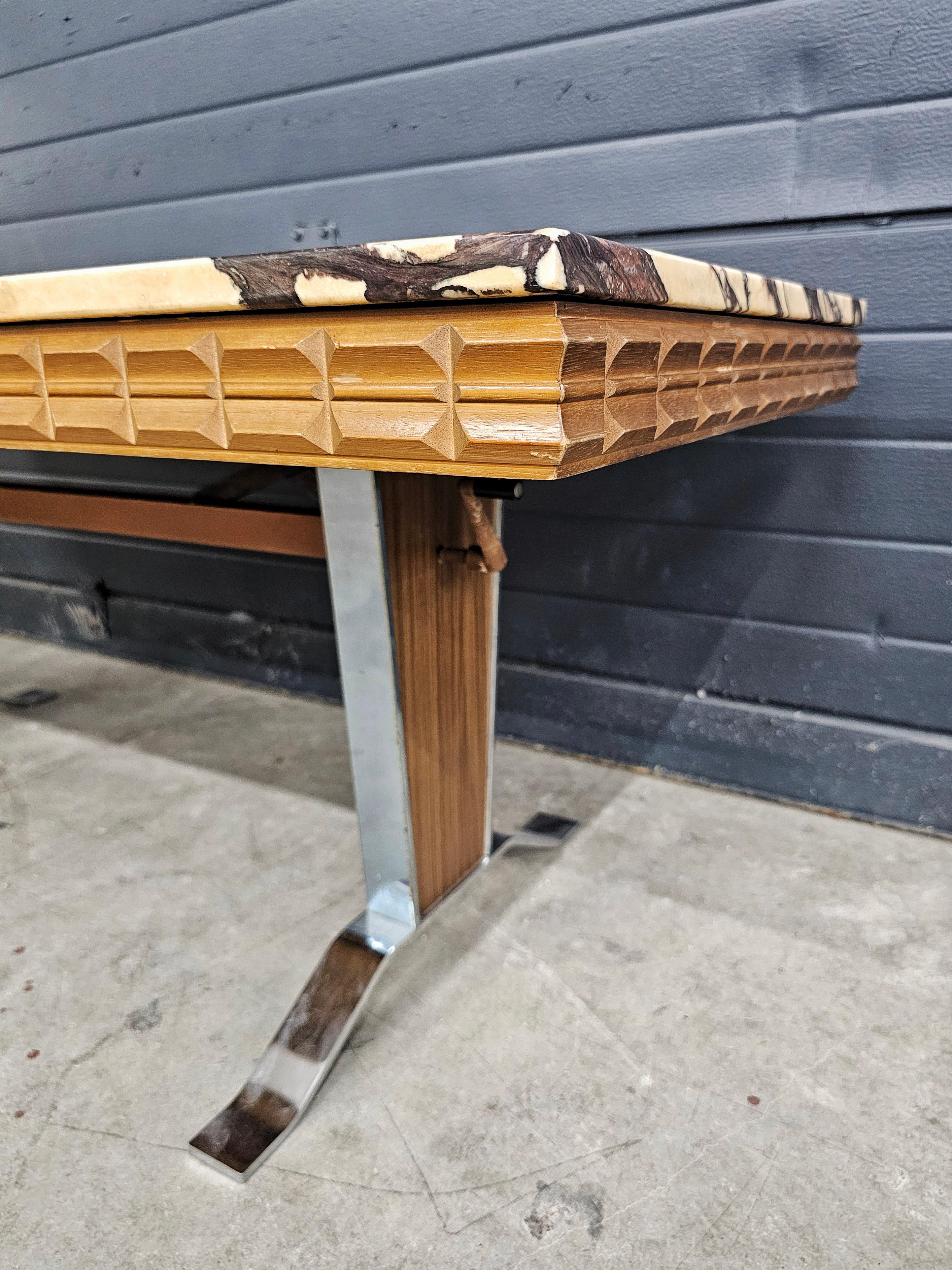 Large Mid Century Coffee Table done in Chrome and Teak with Calacatta Viola For Sale 6