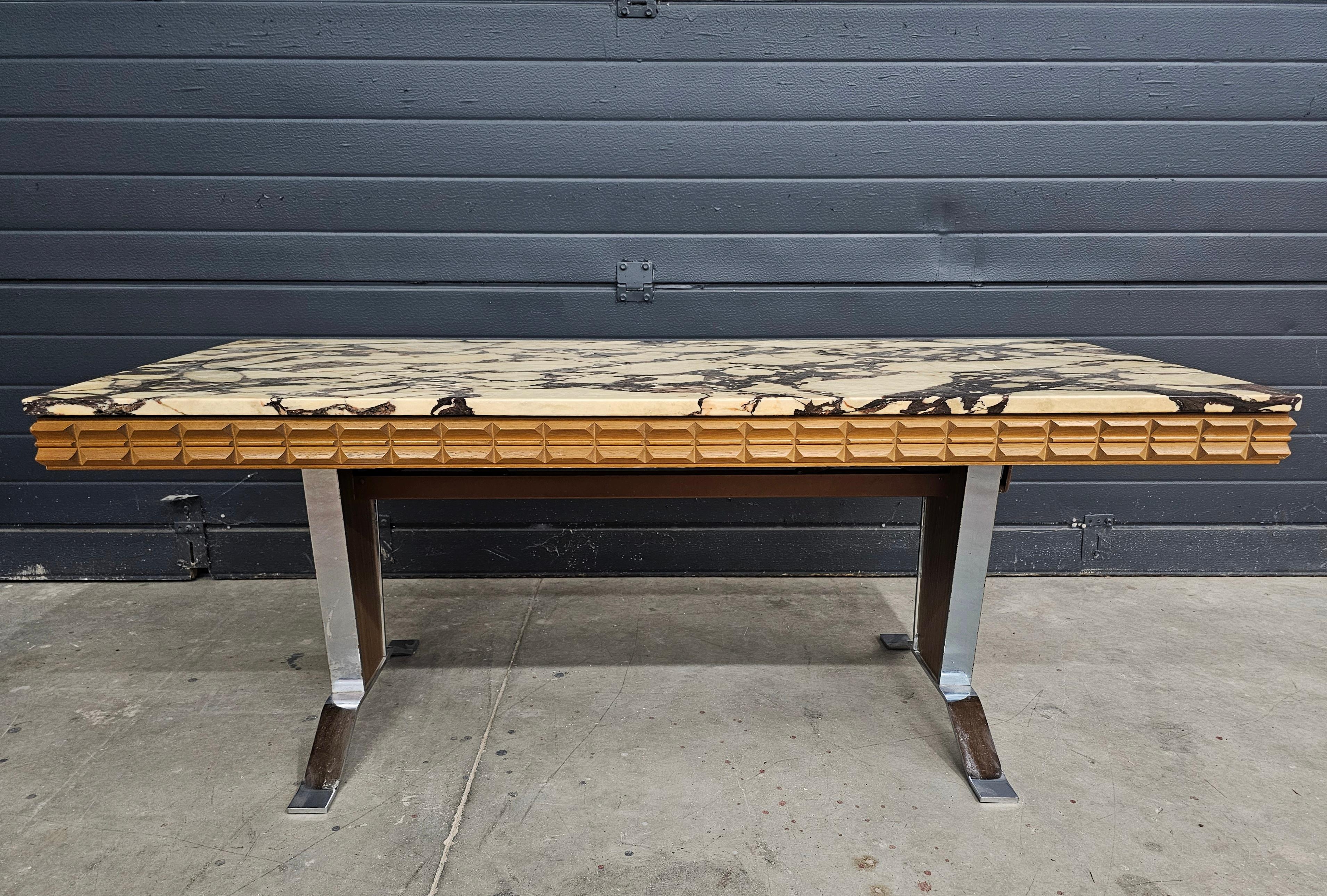Mid-Century Modern Large Mid Century Coffee Table done in Chrome and Teak with Calacatta Viola For Sale