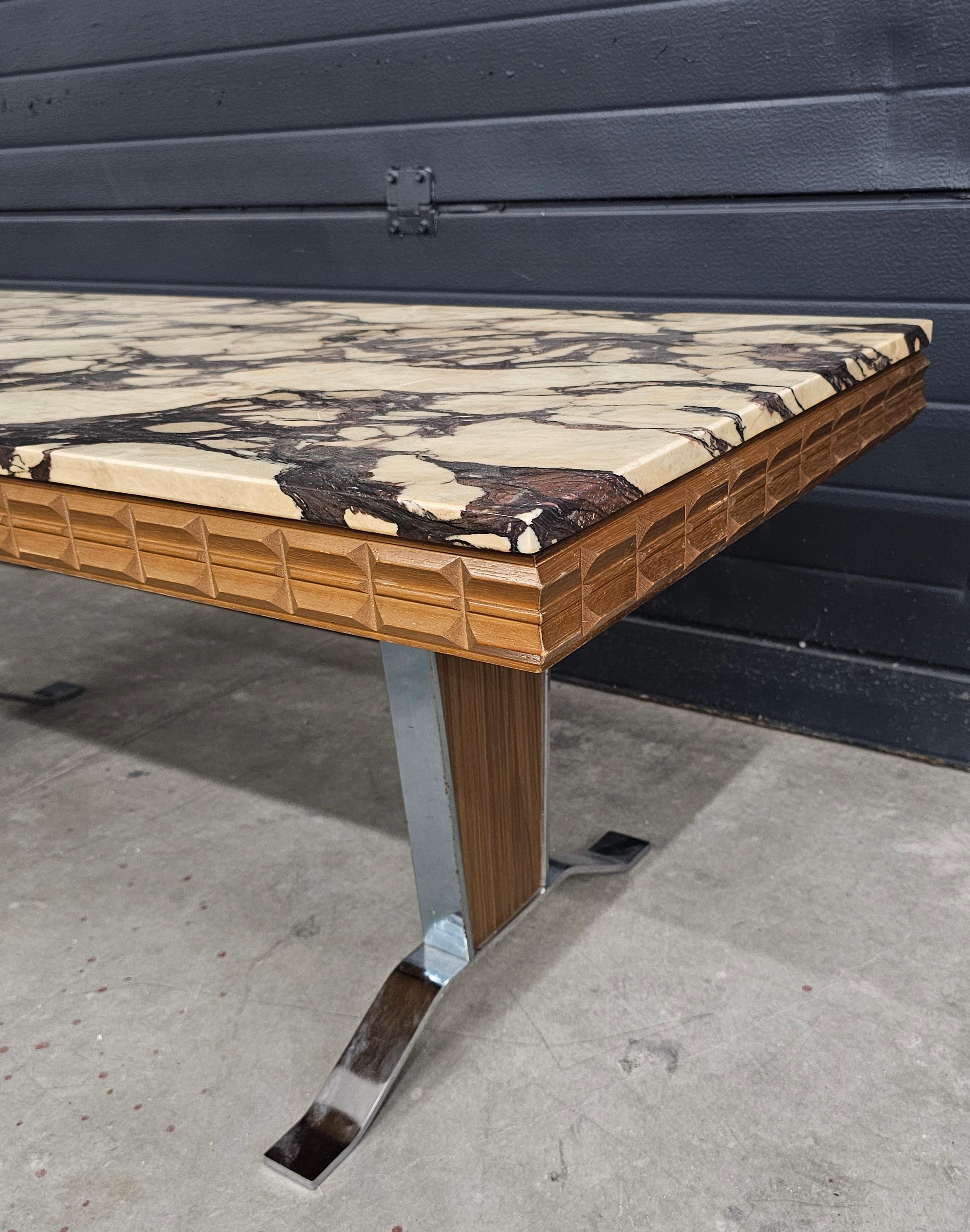 German Large Mid Century Coffee Table done in Chrome and Teak with Calacatta Viola For Sale