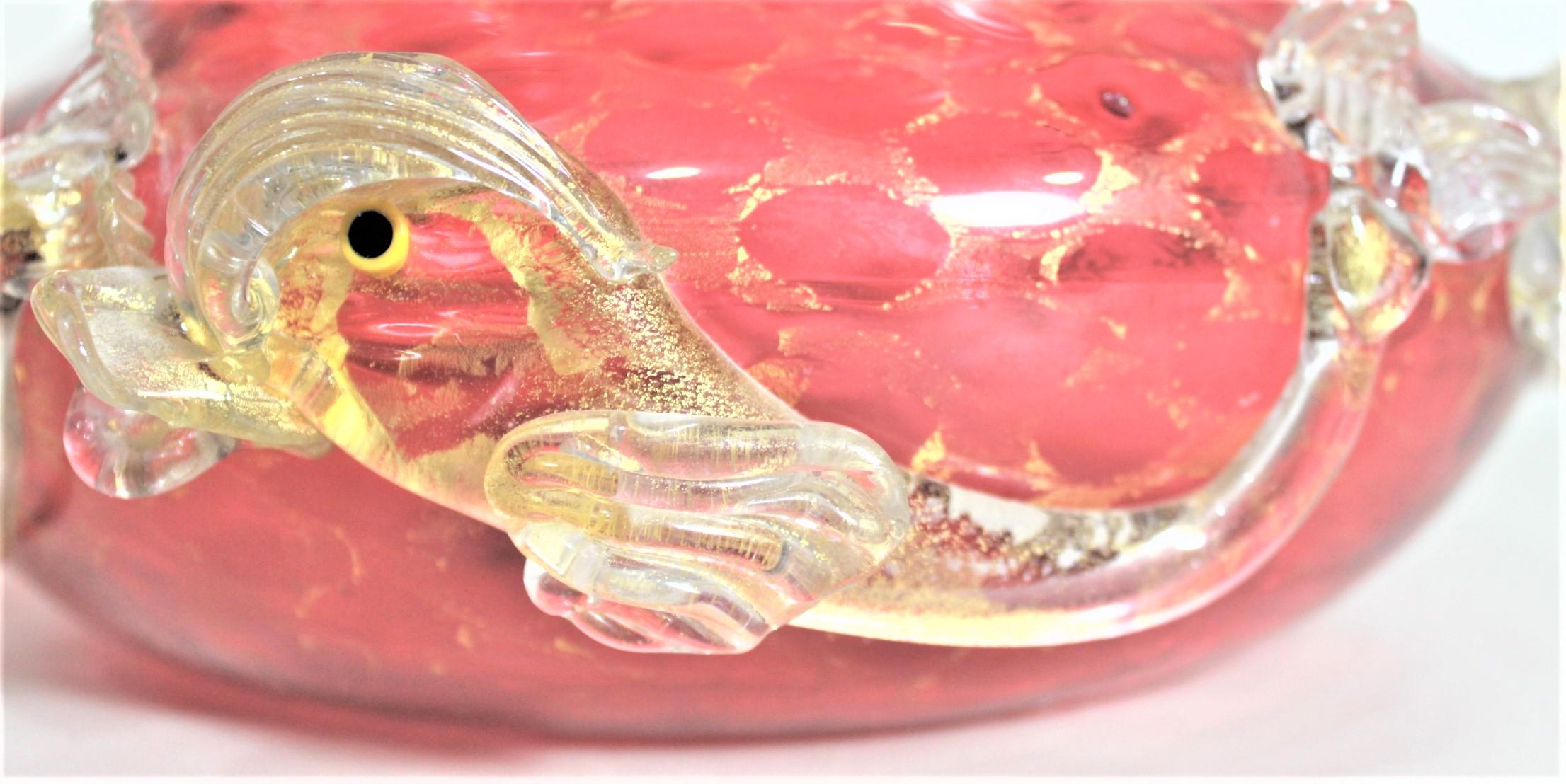 20th Century Large Mid-Century Cranberry Murano Bowl with Applied Dolphins & Gold Netting  For Sale
