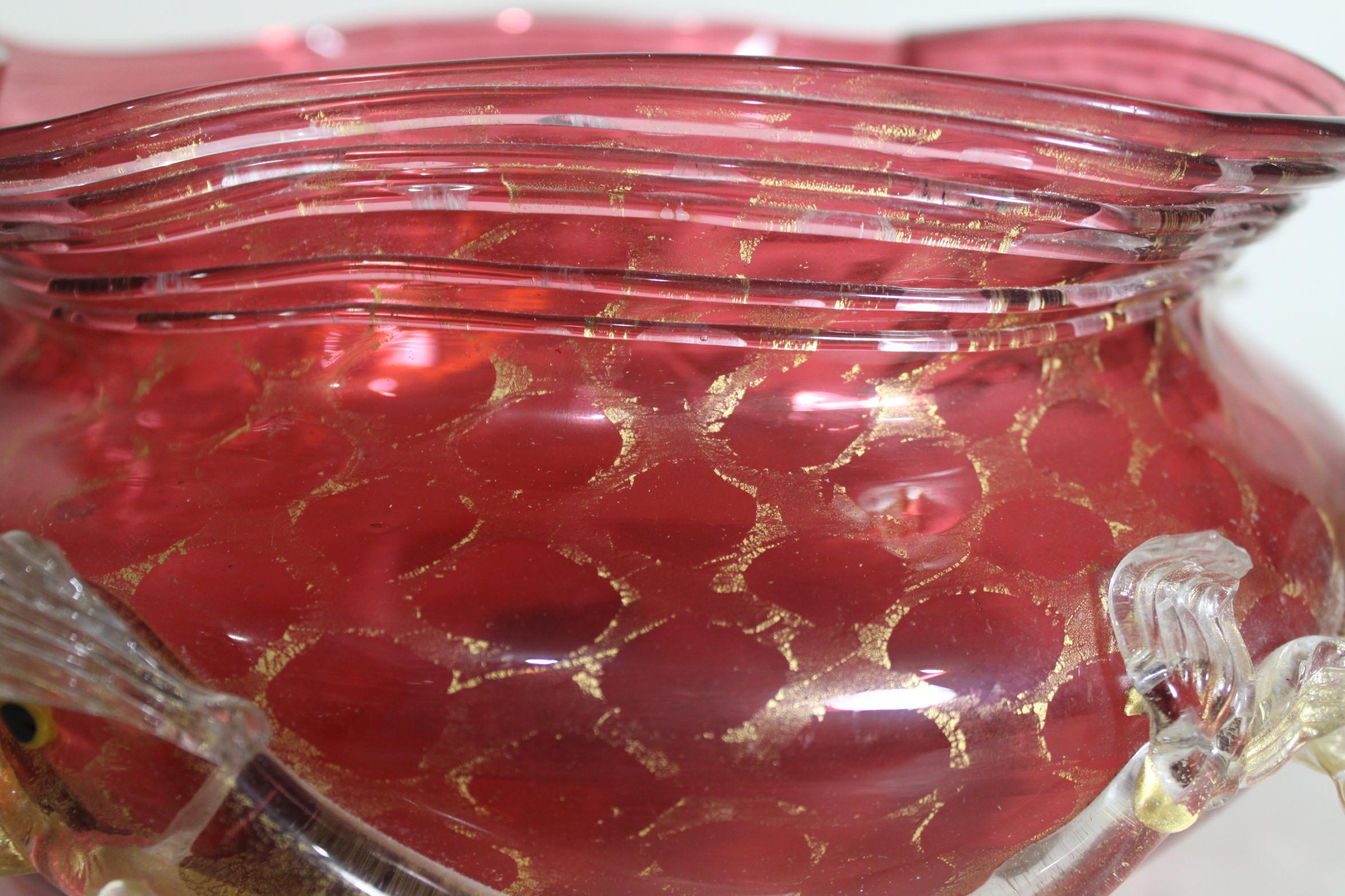 Art Glass Large Mid-Century Cranberry Murano Bowl with Applied Dolphins & Gold Netting  For Sale