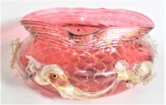 Large Mid-Century Cranberry Murano Bowl with Applied Dolphins & Gold Netting