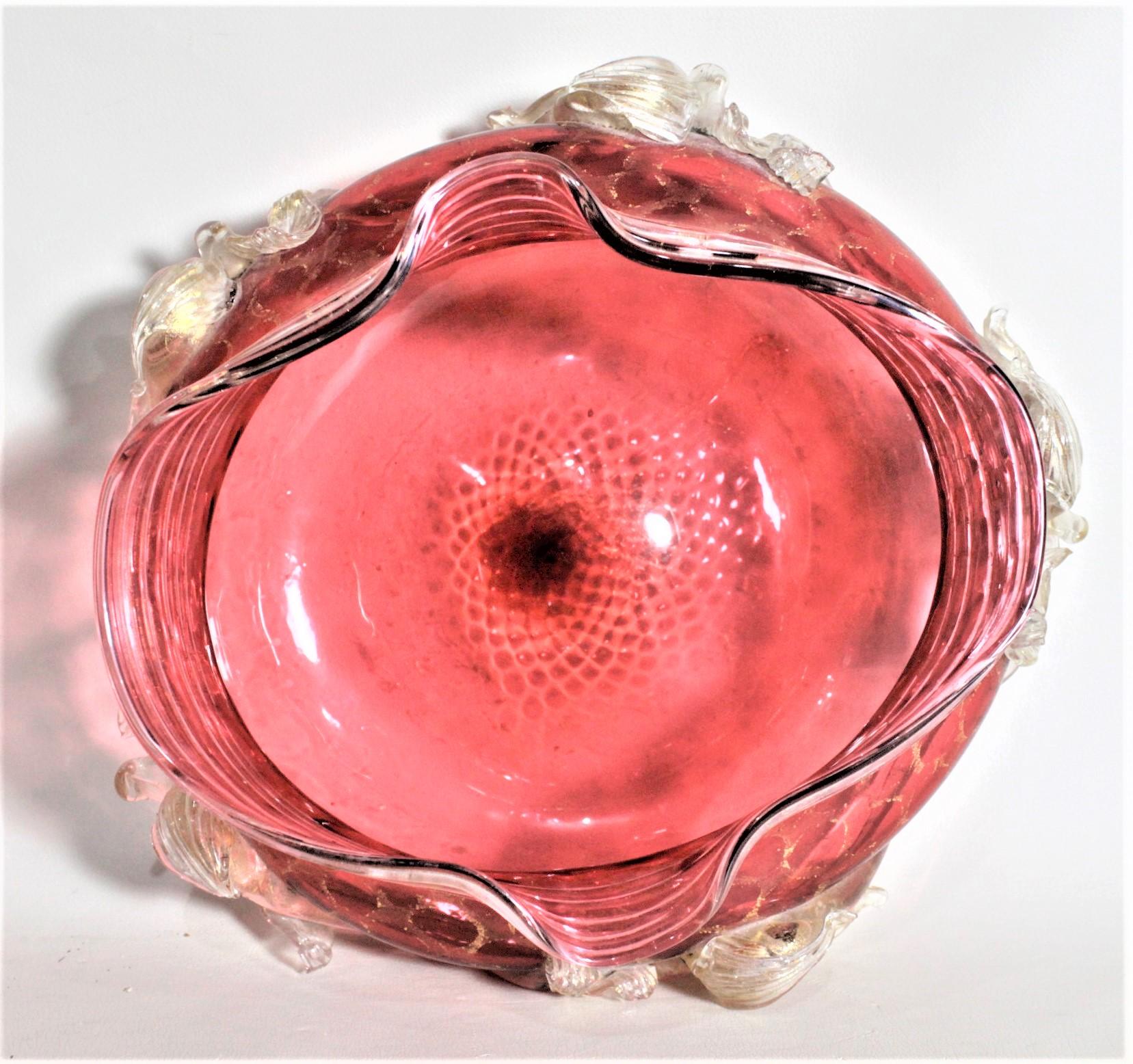 Italian Large Mid-Century Cranberry Murano Bowl with Applied Dolphins & Gold Netting  For Sale