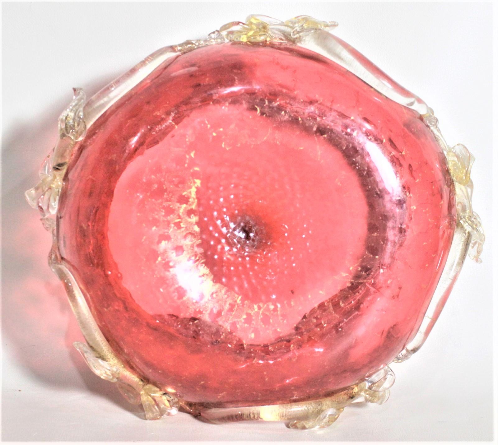 Hand-Crafted Large Mid-Century Cranberry Murano Bowl with Applied Dolphins & Gold Netting For Sale