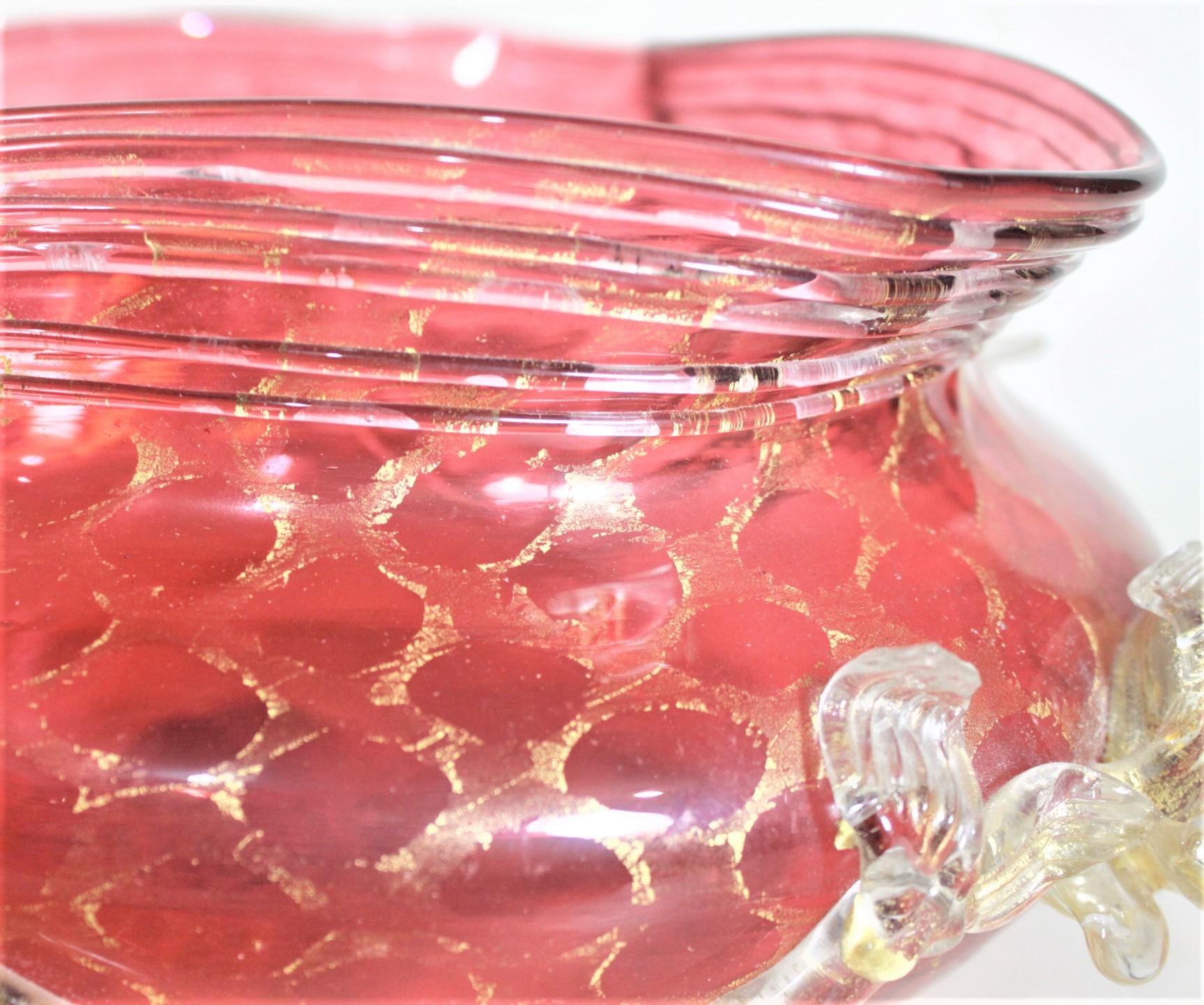 Large Mid-Century Cranberry Murano Bowl with Applied Dolphins & Gold Netting  In Good Condition For Sale In Hamilton, Ontario