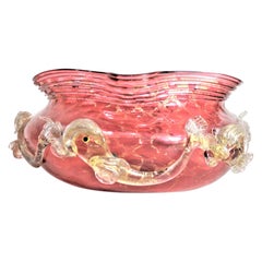 Vintage Large Mid-Century Cranberry Murano Bowl with Applied Dolphins & Gold Netting 