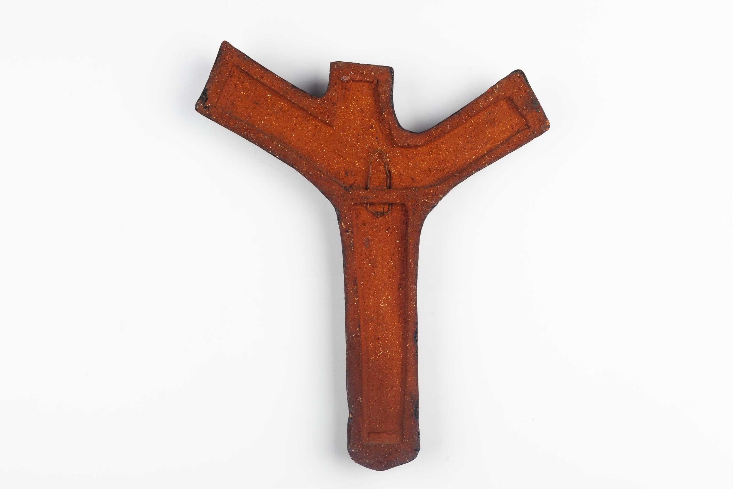 Mid-20th Century Large Mid-Century Crucifix Glossy Brown Ceramic, 1960s