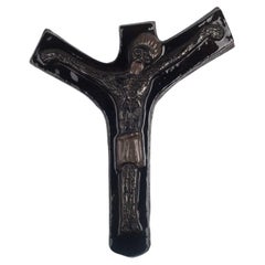 Large Mid-Century Crucifix Glossy Brown Ceramic, 1960s
