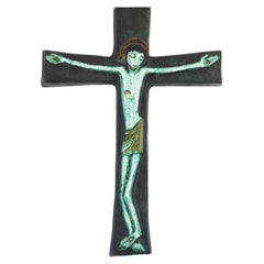 Large Mid-Century Crucifix, Green, Blue, Ceramic, 1960s