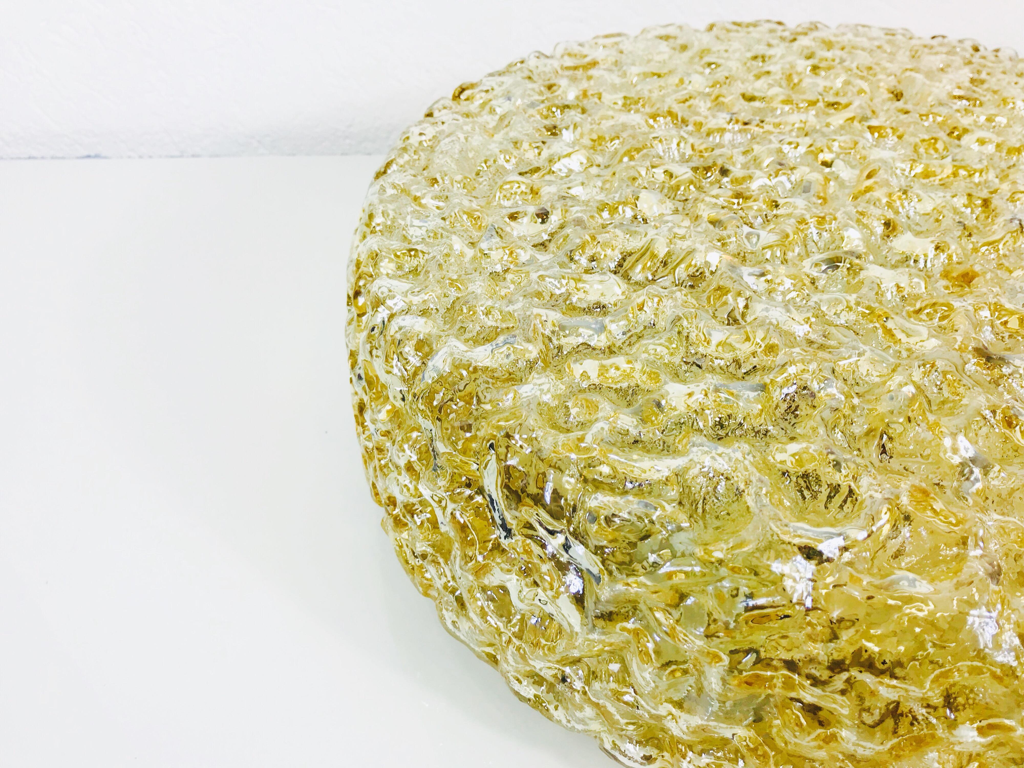 Brass Large Midcentury Crystal Glass Flush Mount by Glashütte Limburg, 1960s, Germany For Sale