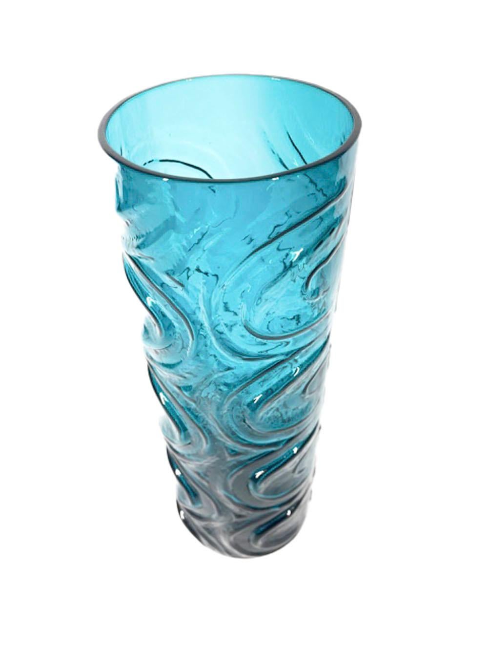 Vintage Mid-Century Modern vase in brilliant kingfisher blue. The vase is of cylindrical form made using a two-part mold with a vertical wave design.