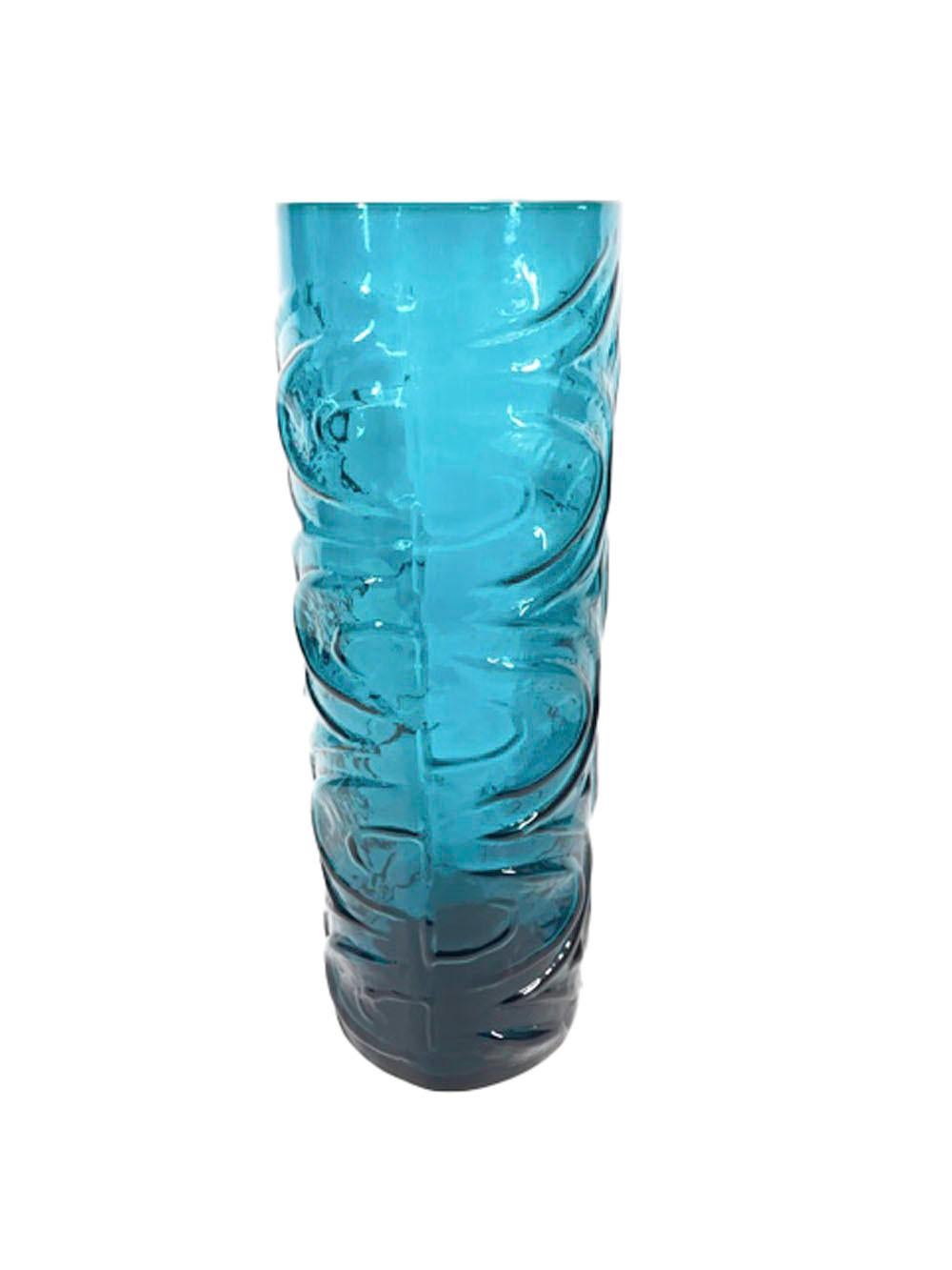 Large Mid-Century Cylindrical Kingfisher Blue Vase with Molded Wave Pattern In Good Condition For Sale In Nantucket, MA