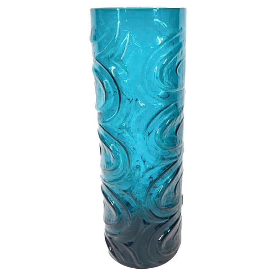 Large Mid-Century Cylindrical Kingfisher Blue Vase with Molded Wave Pattern For Sale