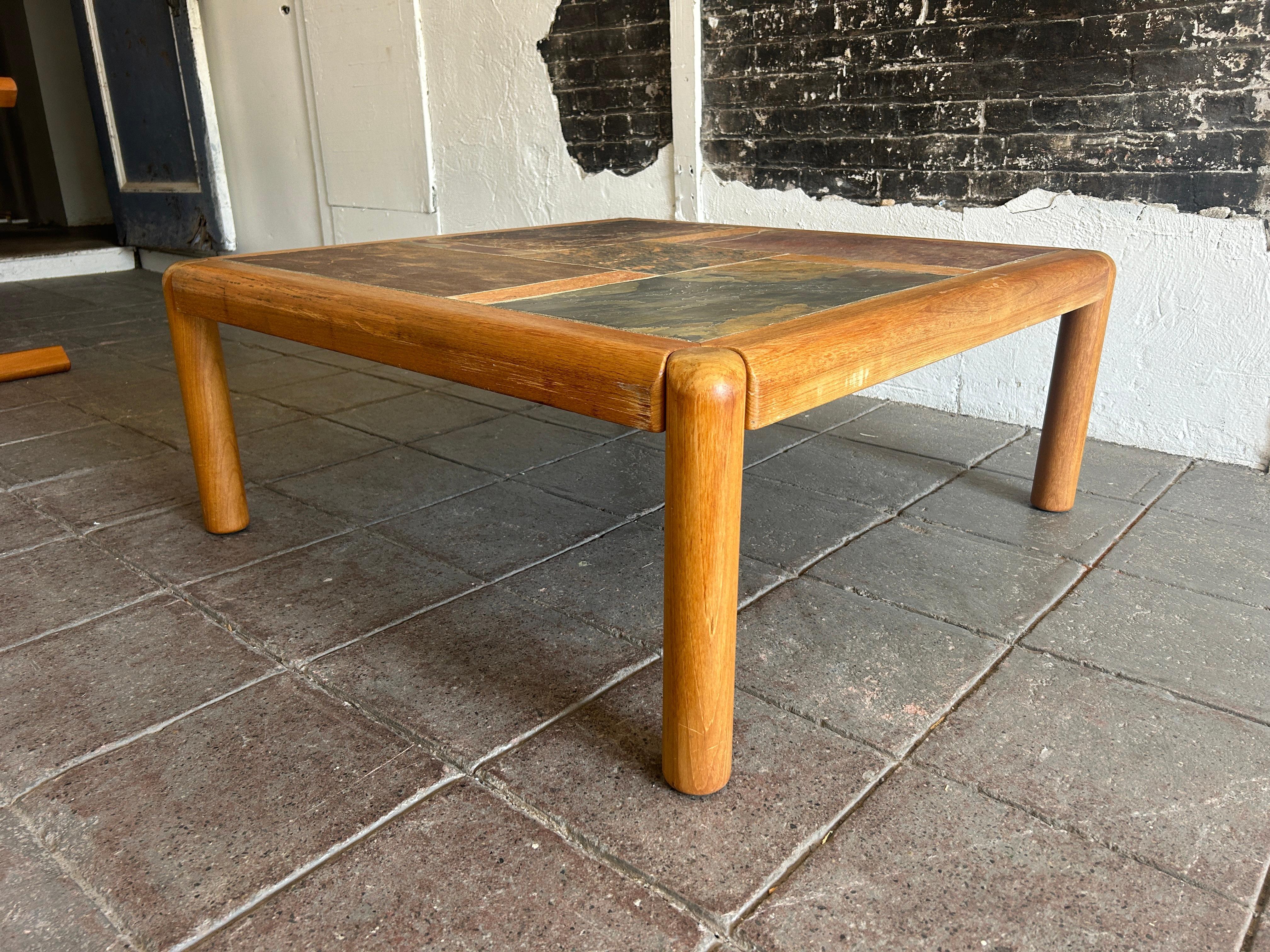 Slate Large Mid Century Danish Modern Teak and slate square Coffee Table For Sale