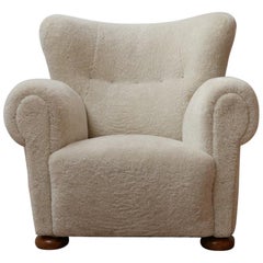 Large Mid-Century Danish Teddy Bear Easy Armchair in Sheepskin