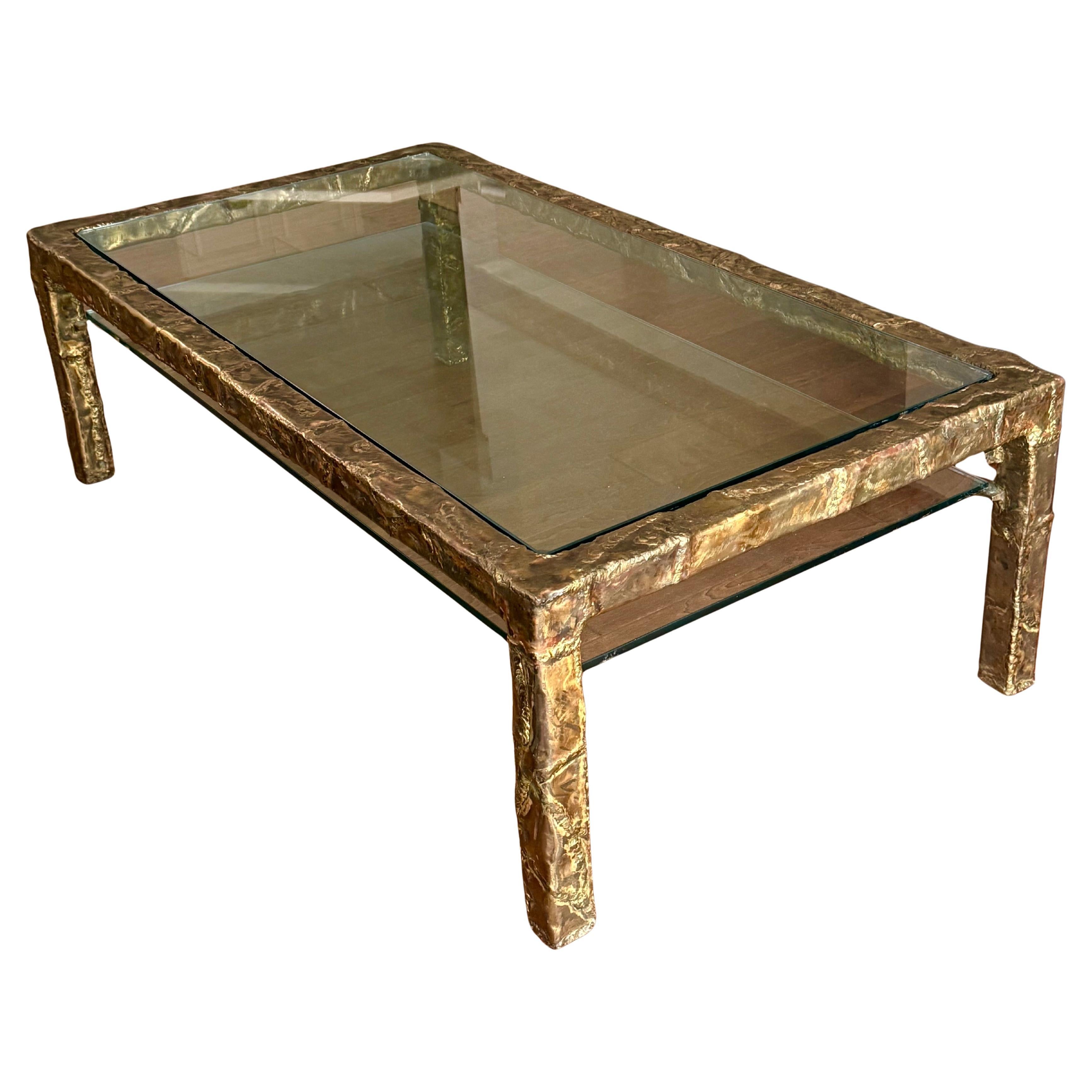 Large Mid-Century Double Tier Bronze Coffee Table by Silas Seandel, 1970, Signed