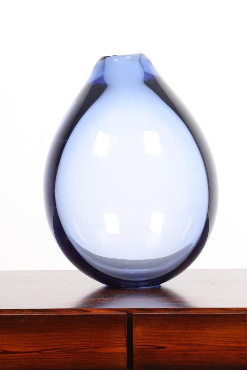 Brass Large Midcentury Drop Vase in Blue Glass by Per Lütken, 1950s
