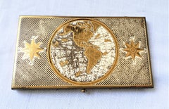 Large Mid-Century Era Metal Cigarette Case with World Globe & Compass Decoration