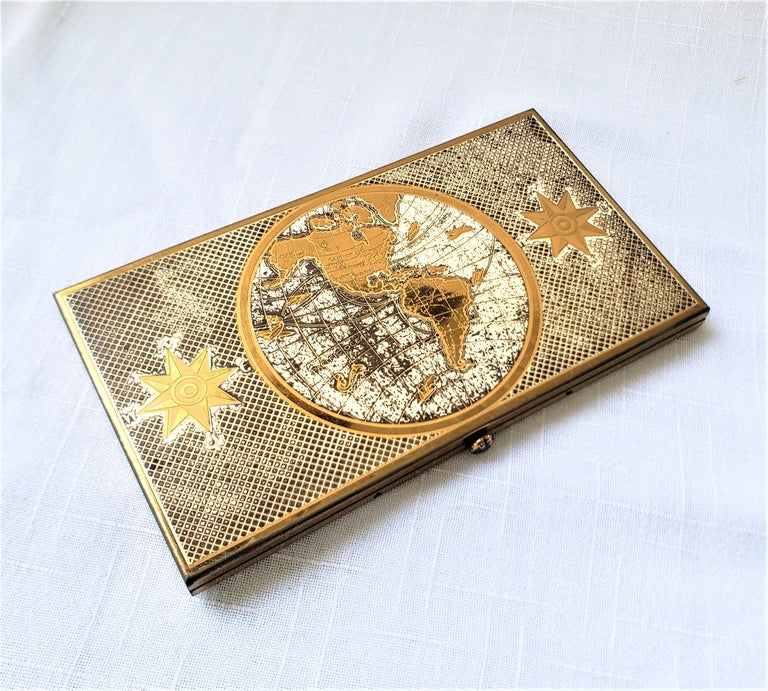 Large Mid-Century Era Metal Cigarette Case with World Globe & Compass  Decoration
