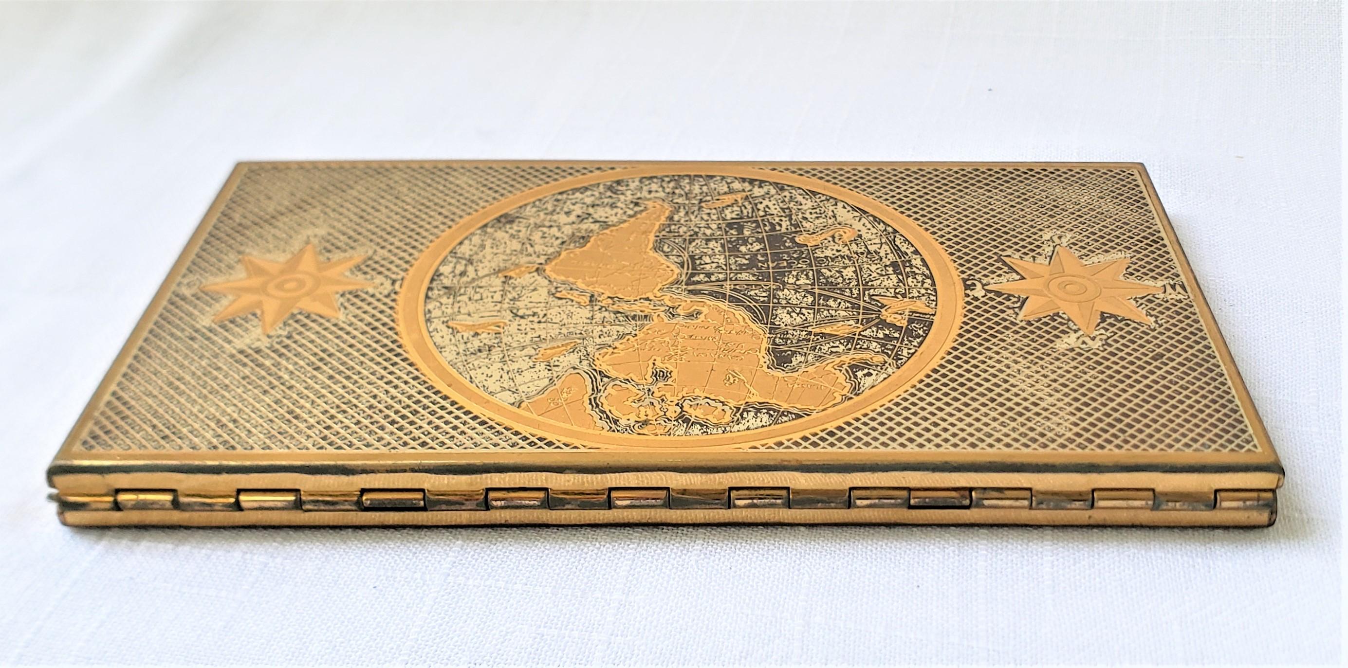 Mid-Century Modern Large Mid-Century Era Metal Cigarette Case with World Globe & Compass Decoration For Sale