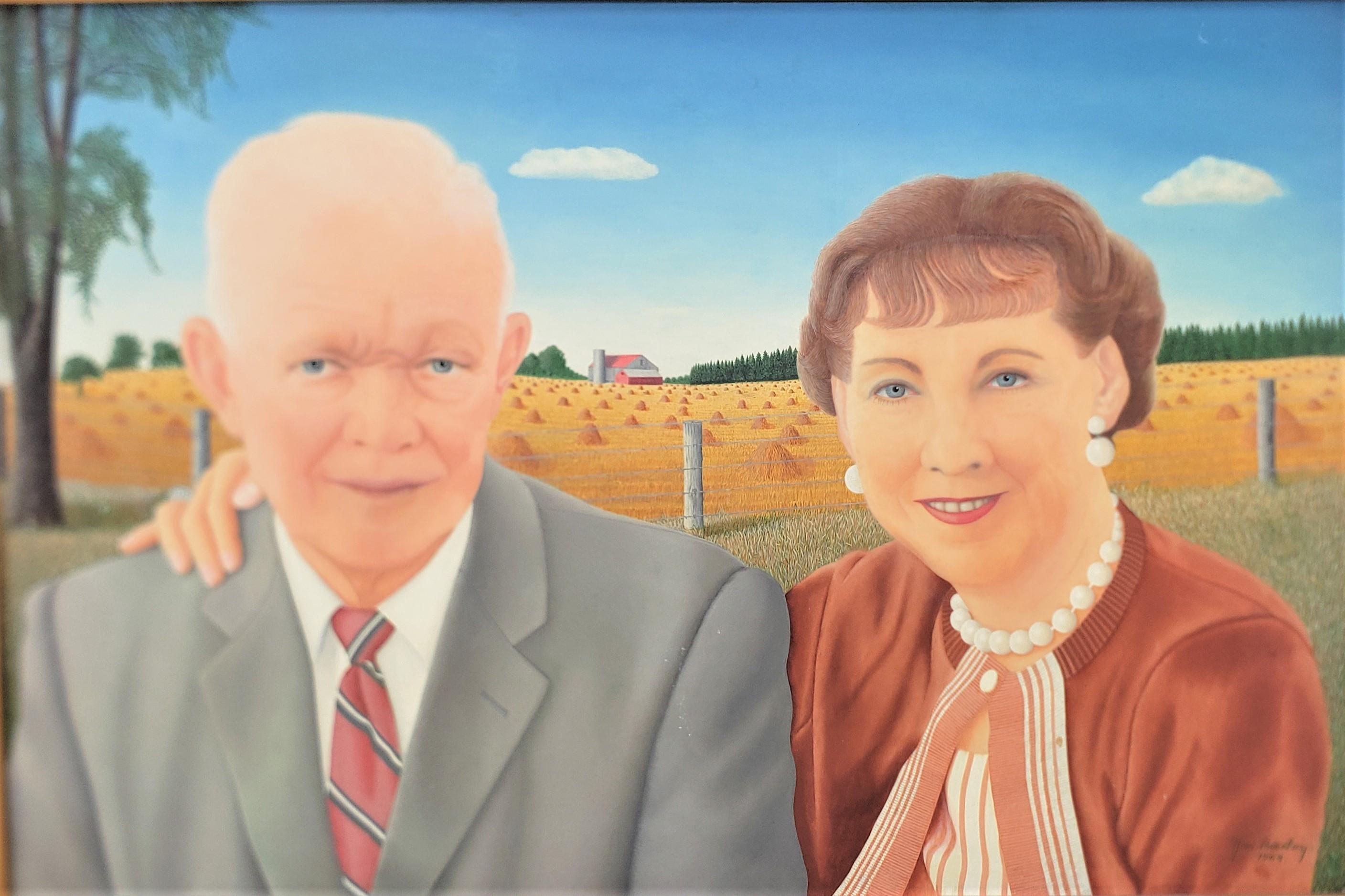 This large and well executed original watercolor painting on masonite board is signed by a Jim Barclay, presumably from the United States, dating to 1964 and done in a period folk art style. The painting depicts President and Mrs. Dwight Eisenhower
