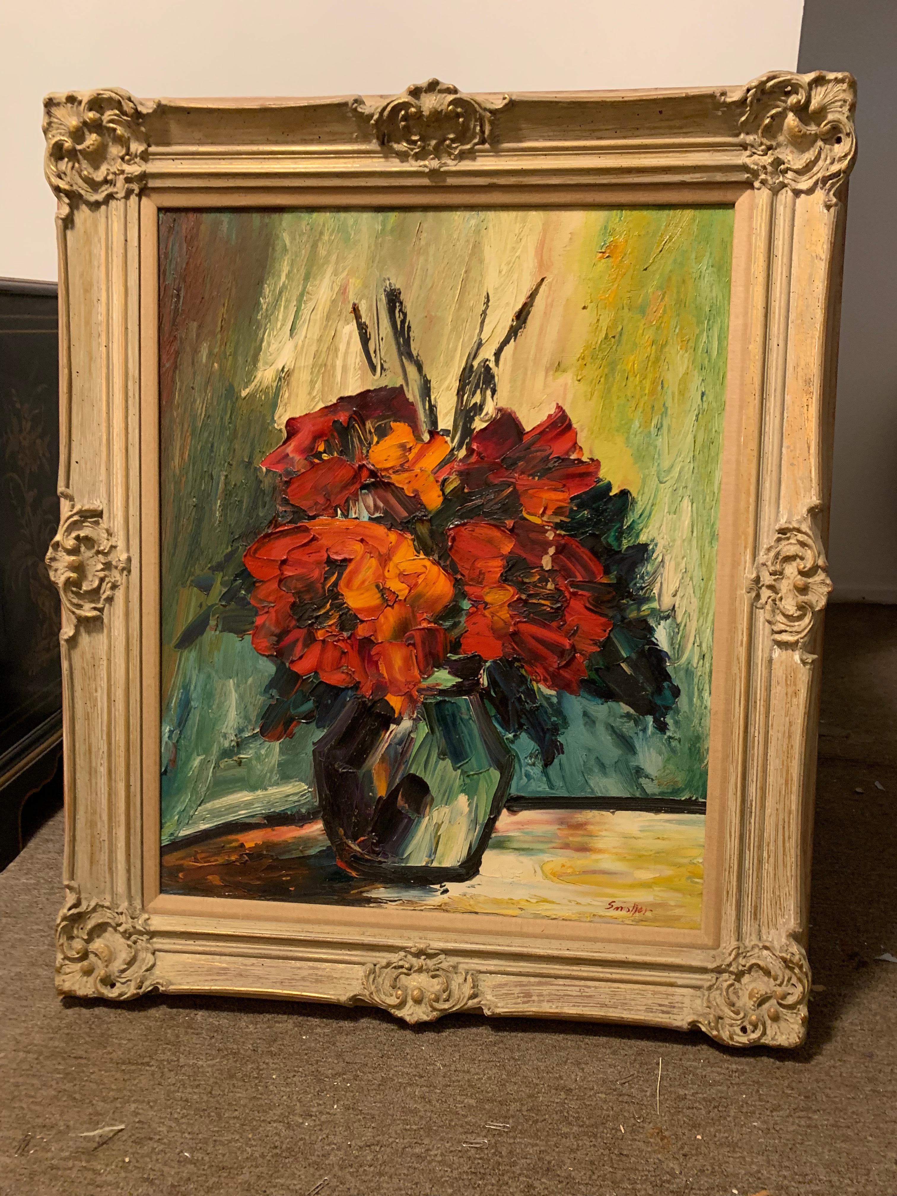 Listed American Artist, Irene Smoller, signed this spectacular still life, rich red and orange flowers in vase, an original oil on large canvas. Smoller was a midcentury Expressionistic artist who is well known for her Floral pieces as well as