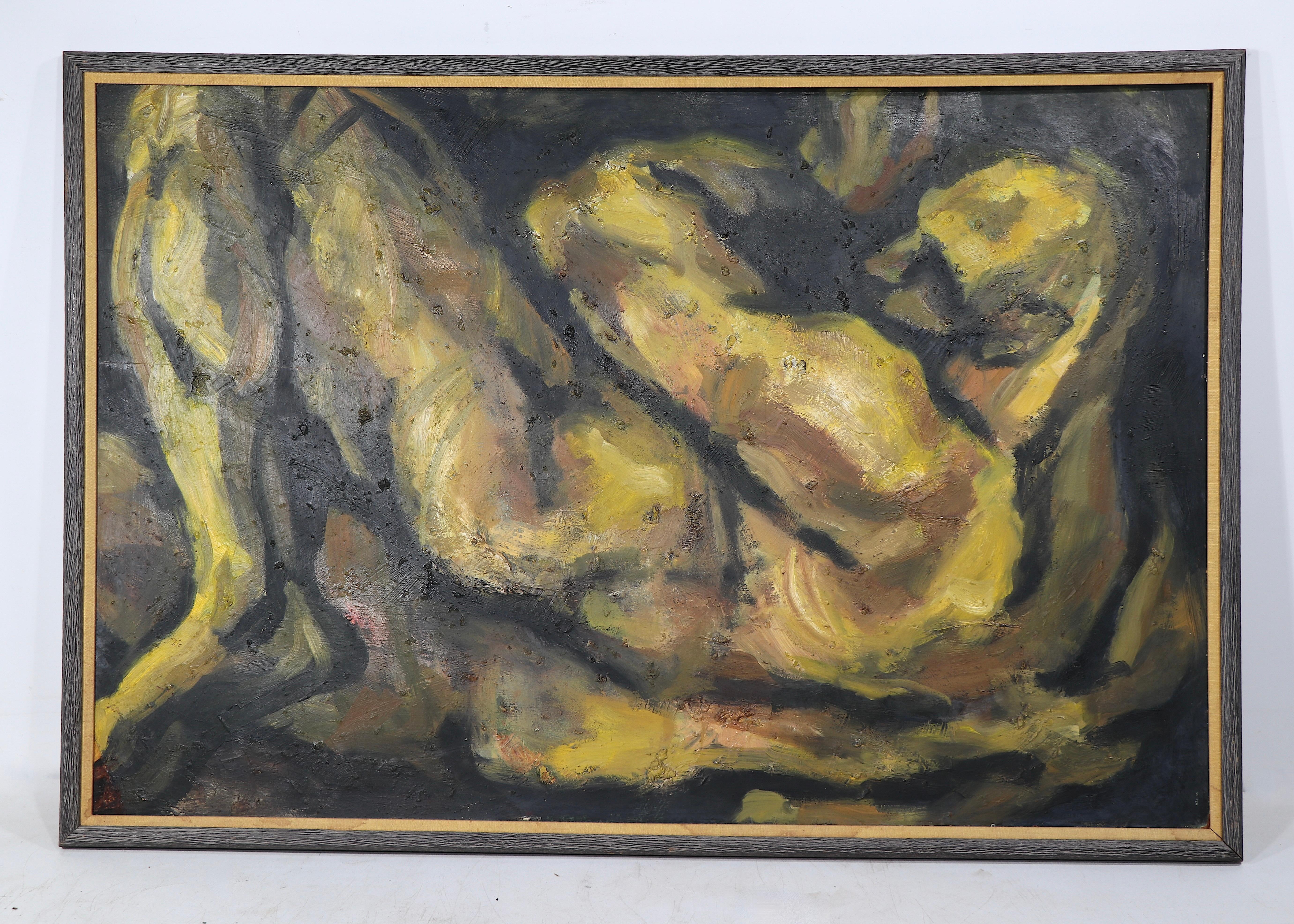 Large expressionist painting of a naked man in a curled up, almost in a  fetal position. The male figure is painted in tonal yellow and browns, with black detail, contrasted against a darker tonal background. The painting is executed in acrylic on